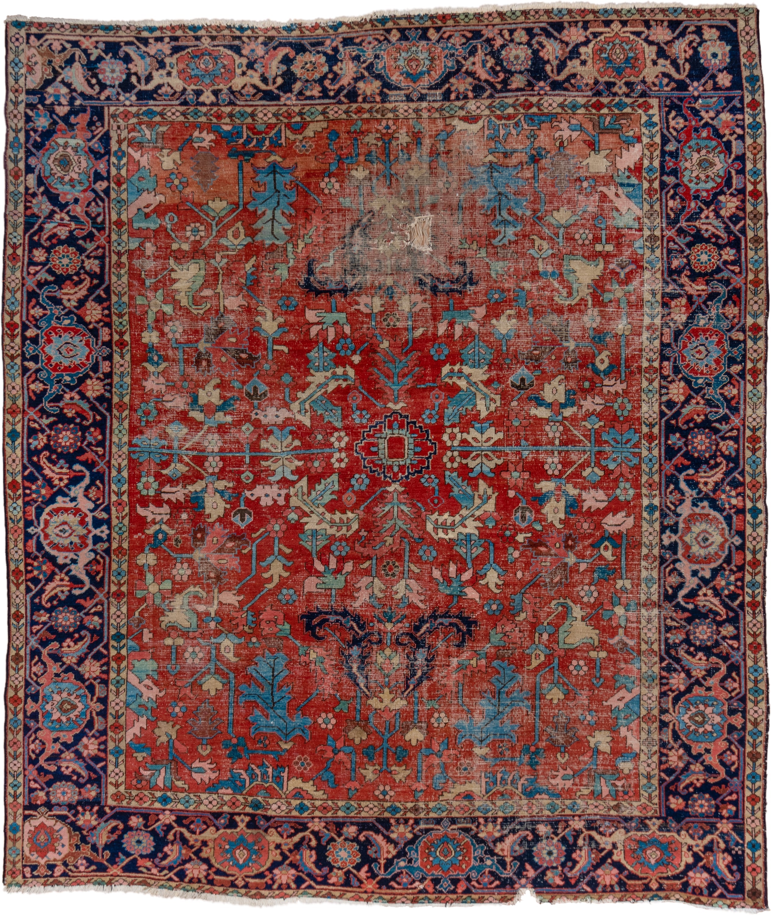 10' x 11' one-of-a-kind handmade vintage Heriz large size rug. Color palette: rust, navy, ivory, turquoise, coral, camel