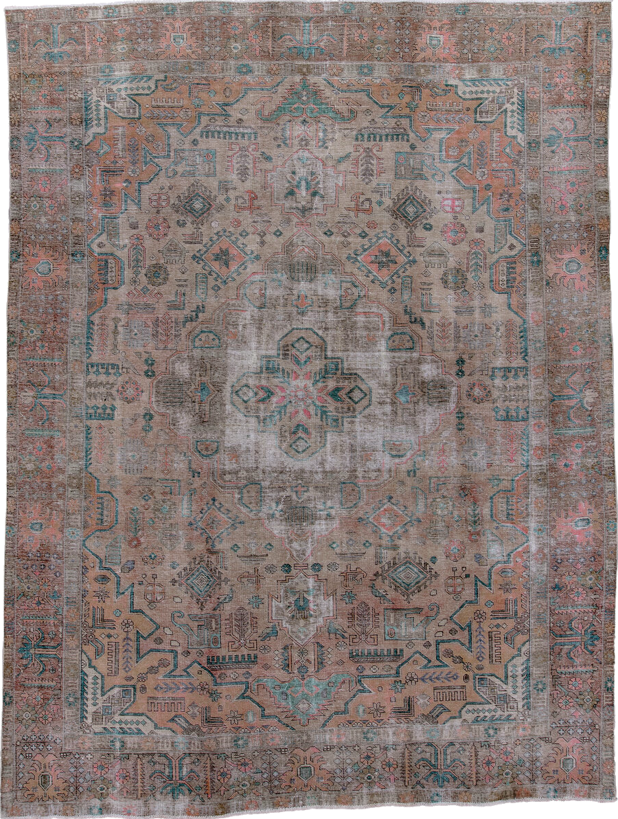 10' x 14' one-of-a-kind handmade vintage Distressed large size rug. Color palette: black, blue, brown, dark gray, dim gray