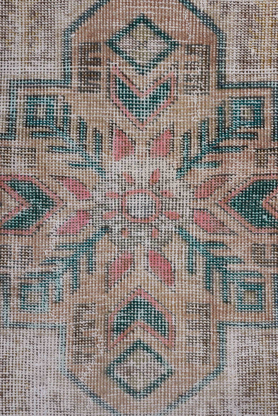 10' x 14' one-of-a-kind handmade vintage Distressed large size rug. Color palette: taupe, blush, teal, coral, ivory, brown