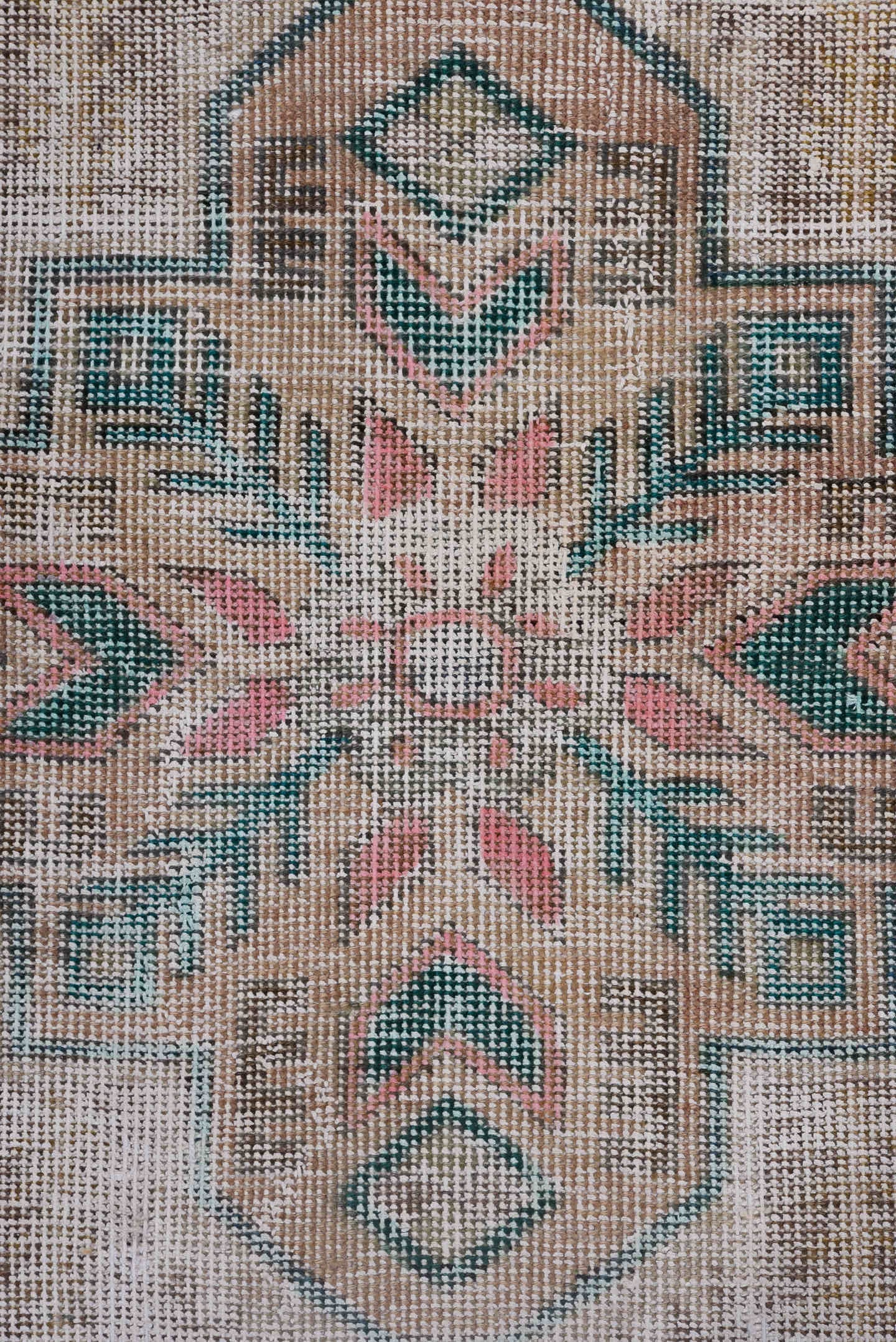 10' x 14' one-of-a-kind handmade vintage Distressed large size rug. Color palette: taupe, blush, teal, coral, ivory, brown