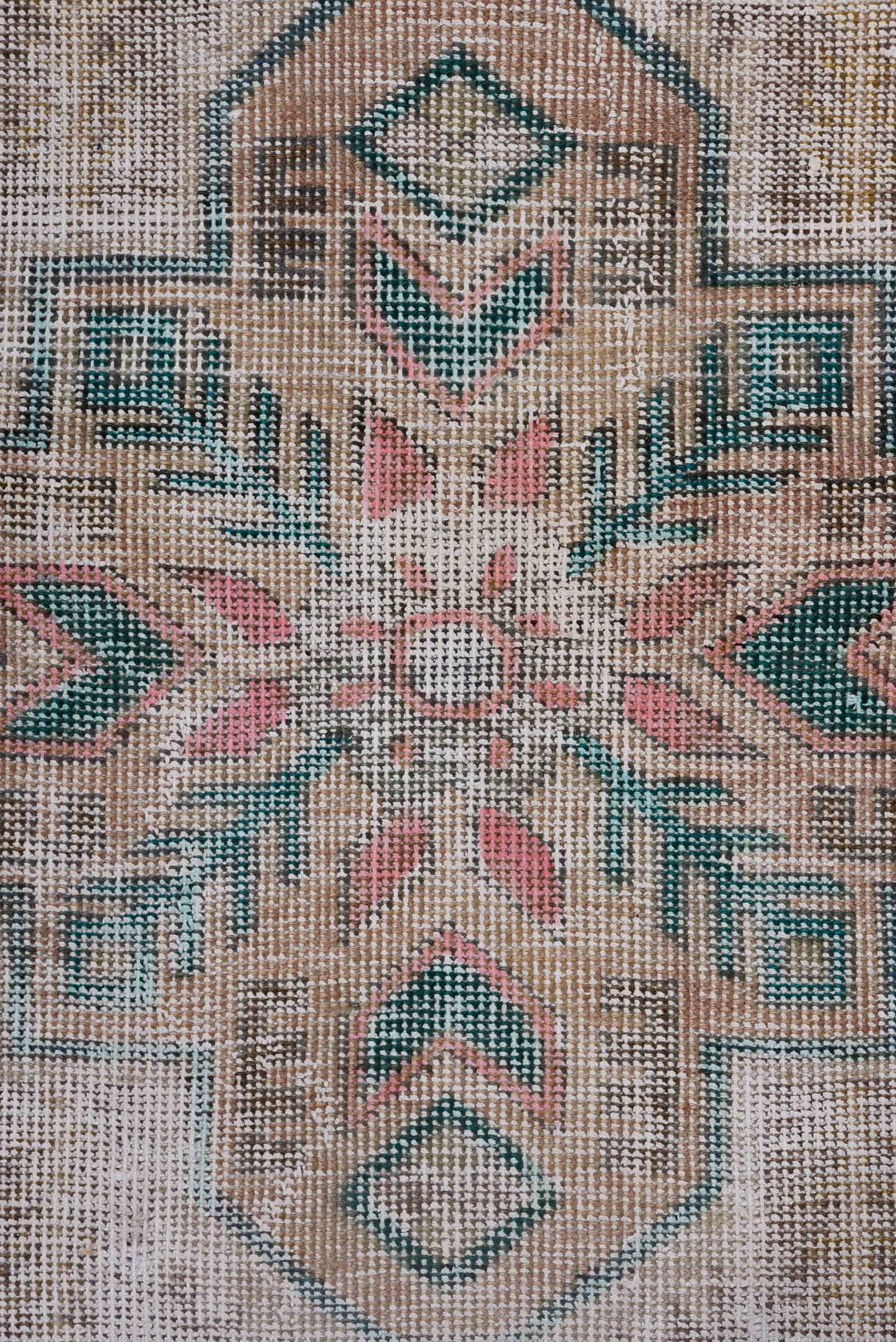 10' x 14' one-of-a-kind handmade vintage Distressed large size rug. Color palette: taupe, blush, teal, coral, ivory, brown