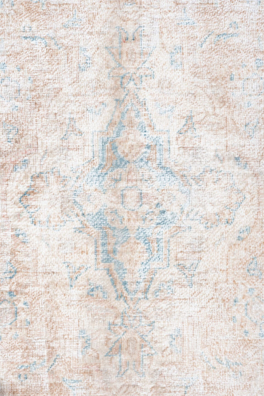 10' x 14' one-of-a-kind handmade vintage Distressed large size rug. Color palette: ivory, pale blue, cream, beige, taupe
