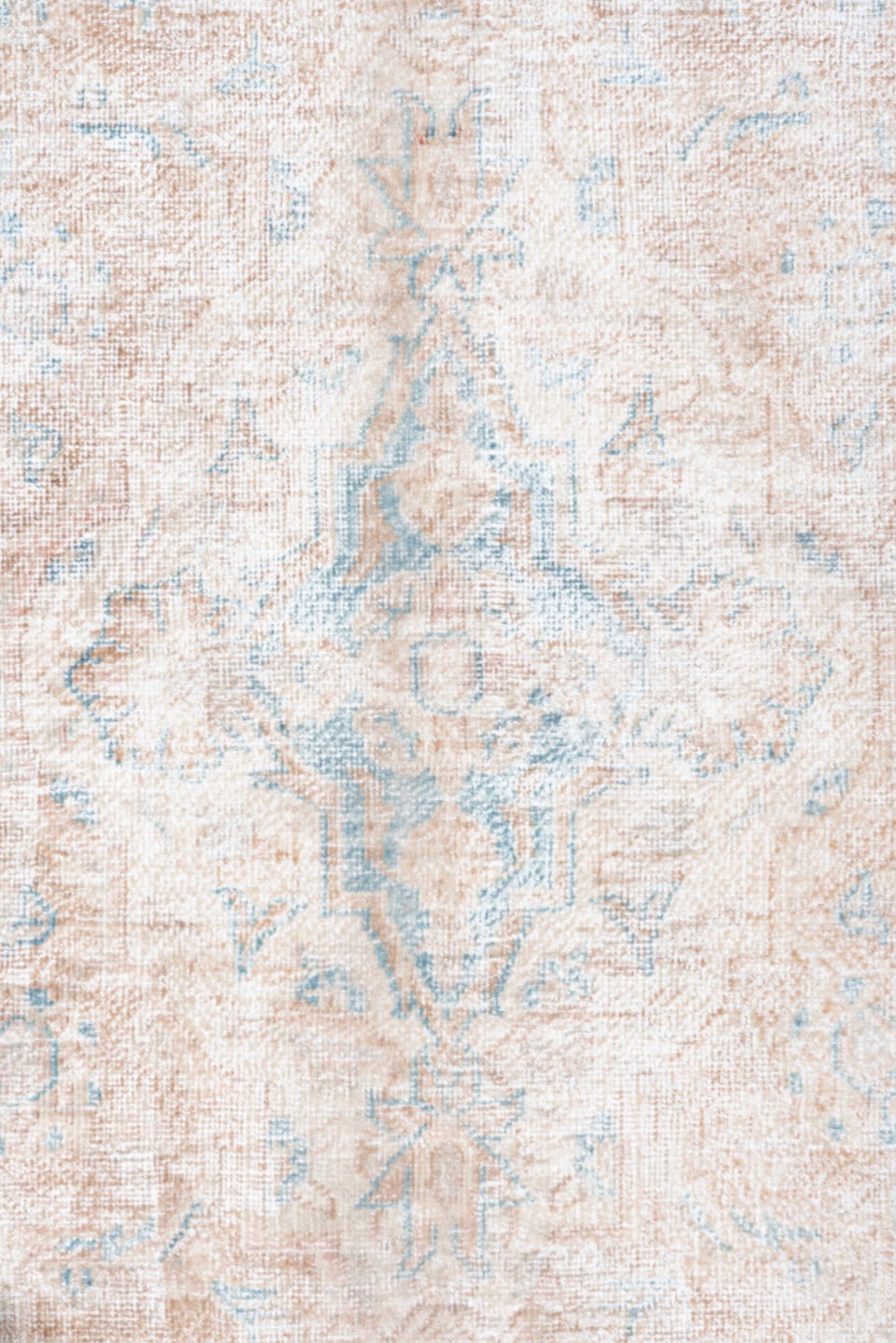 10' x 14' one-of-a-kind handmade vintage Distressed large size rug. Color palette: ivory, pale blue, cream, beige, taupe