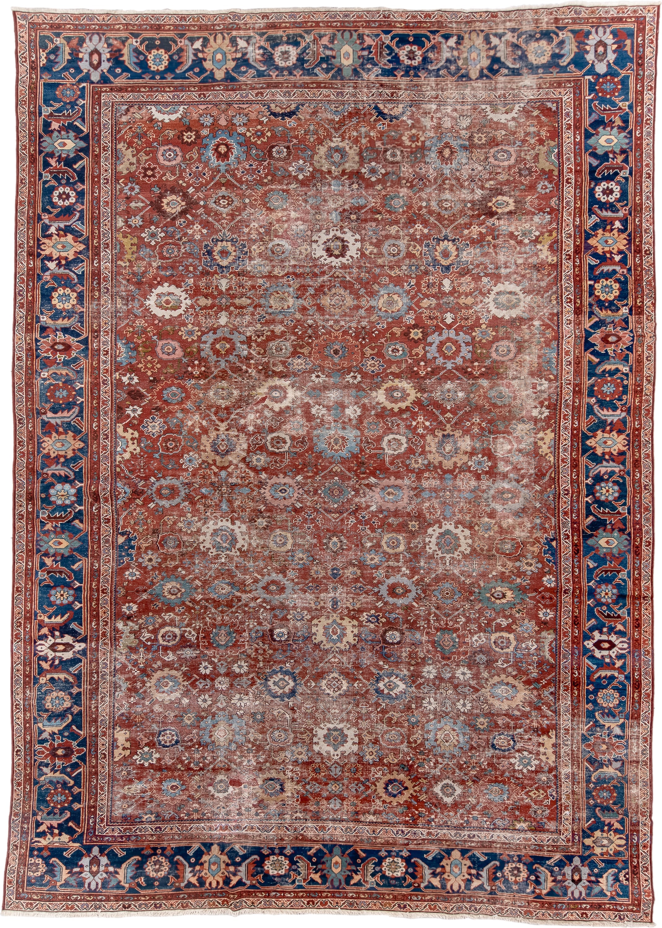 12' x 17' one-of-a-kind handmade vintage Sultanabad oversize rug. Color palette: rust, navy, ivory, sky blue, terracotta