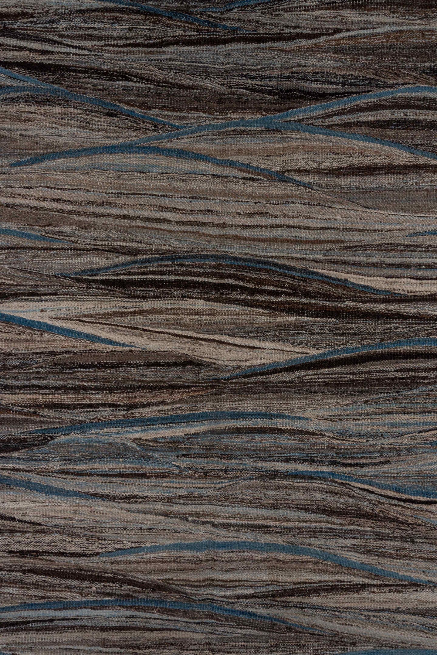 9' x 11' one-of-a-kind handmade vintage Kilim large size rug. Color palette: taupe, brown, gray, blue, charcoal, ivory