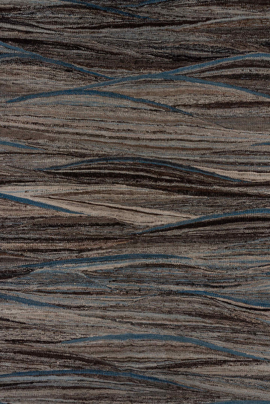 9' x 11' one-of-a-kind handmade vintage Kilim large size rug. Color palette: taupe, brown, gray, blue, charcoal, ivory