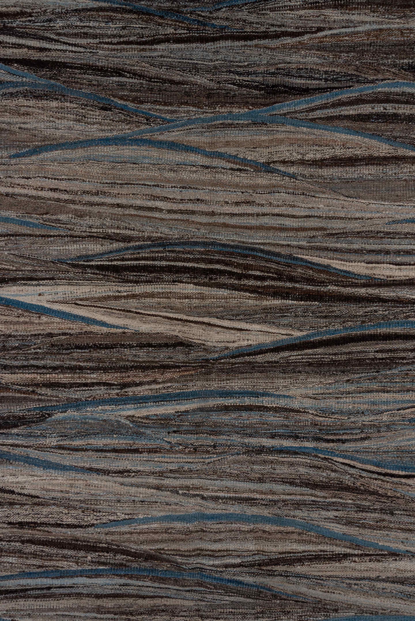 9' x 11' one-of-a-kind handmade vintage Kilim large size rug. Color palette: taupe, brown, gray, blue, charcoal, ivory