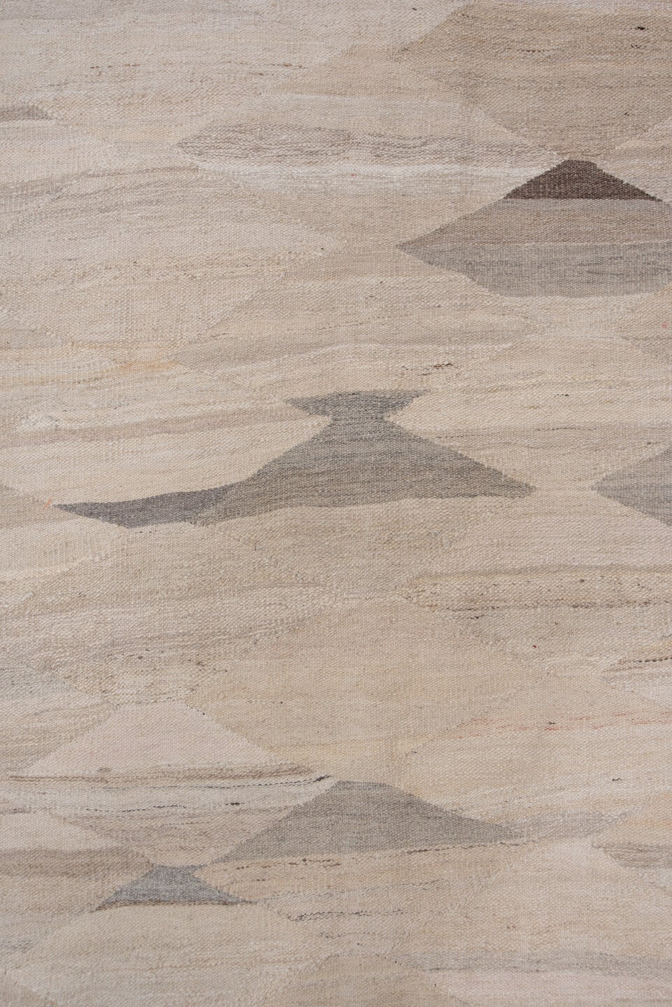 9' x 13' one-of-a-kind handmade vintage Kilim large size rug. Color palette: beige, ivory, taupe, sand, greige, gray