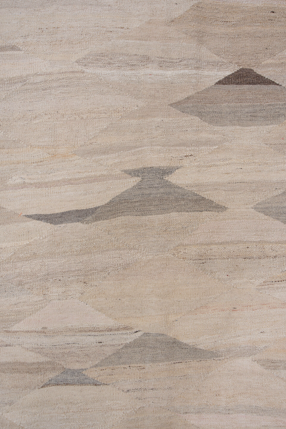 9' x 13' one-of-a-kind handmade vintage Kilim large size rug. Color palette: beige, ivory, taupe, sand, greige, gray