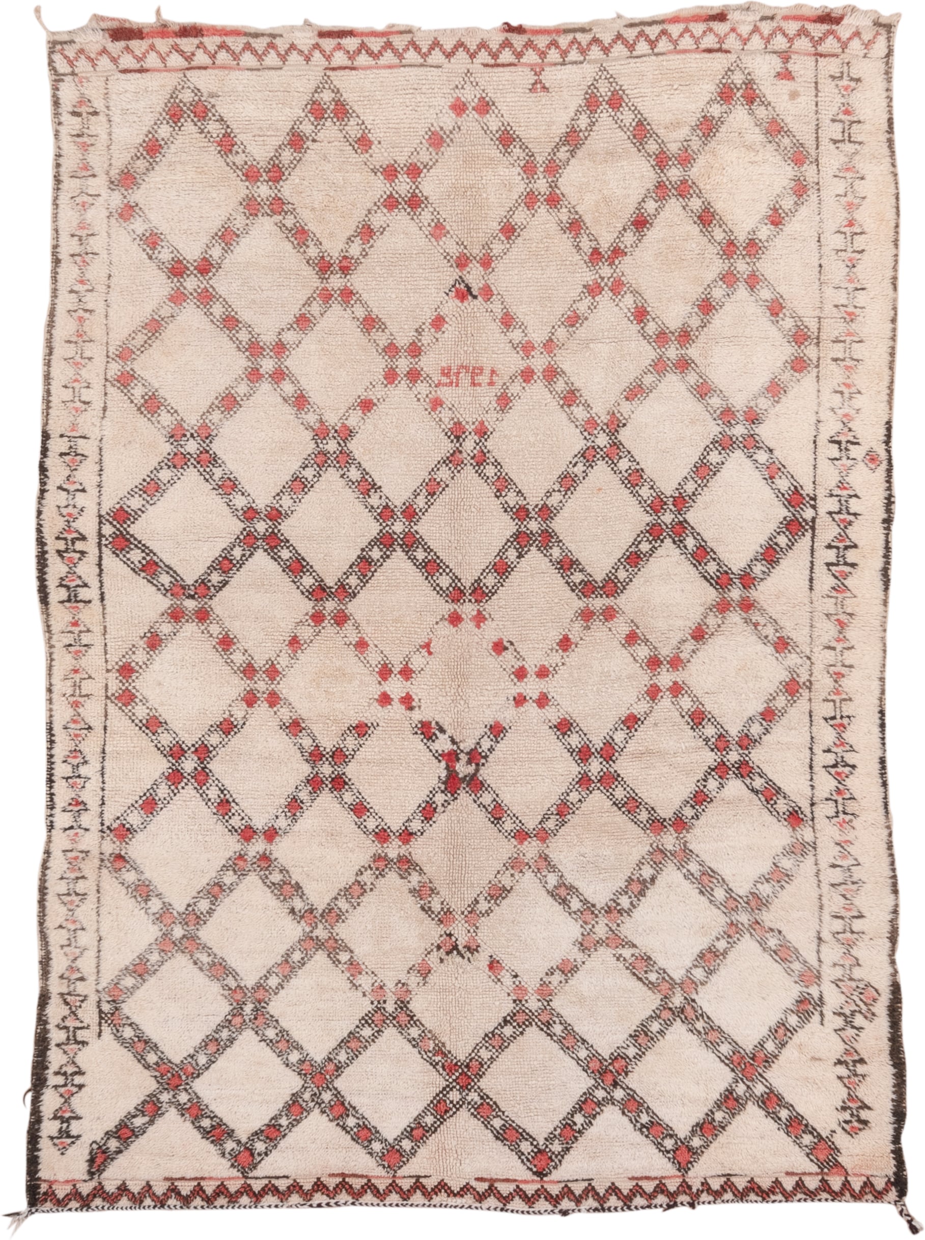 6' x 8' one-of-a-kind handmade vintage Moroccan medium size rug. Color palette: ivory, charcoal, coral, rose, cream, gray