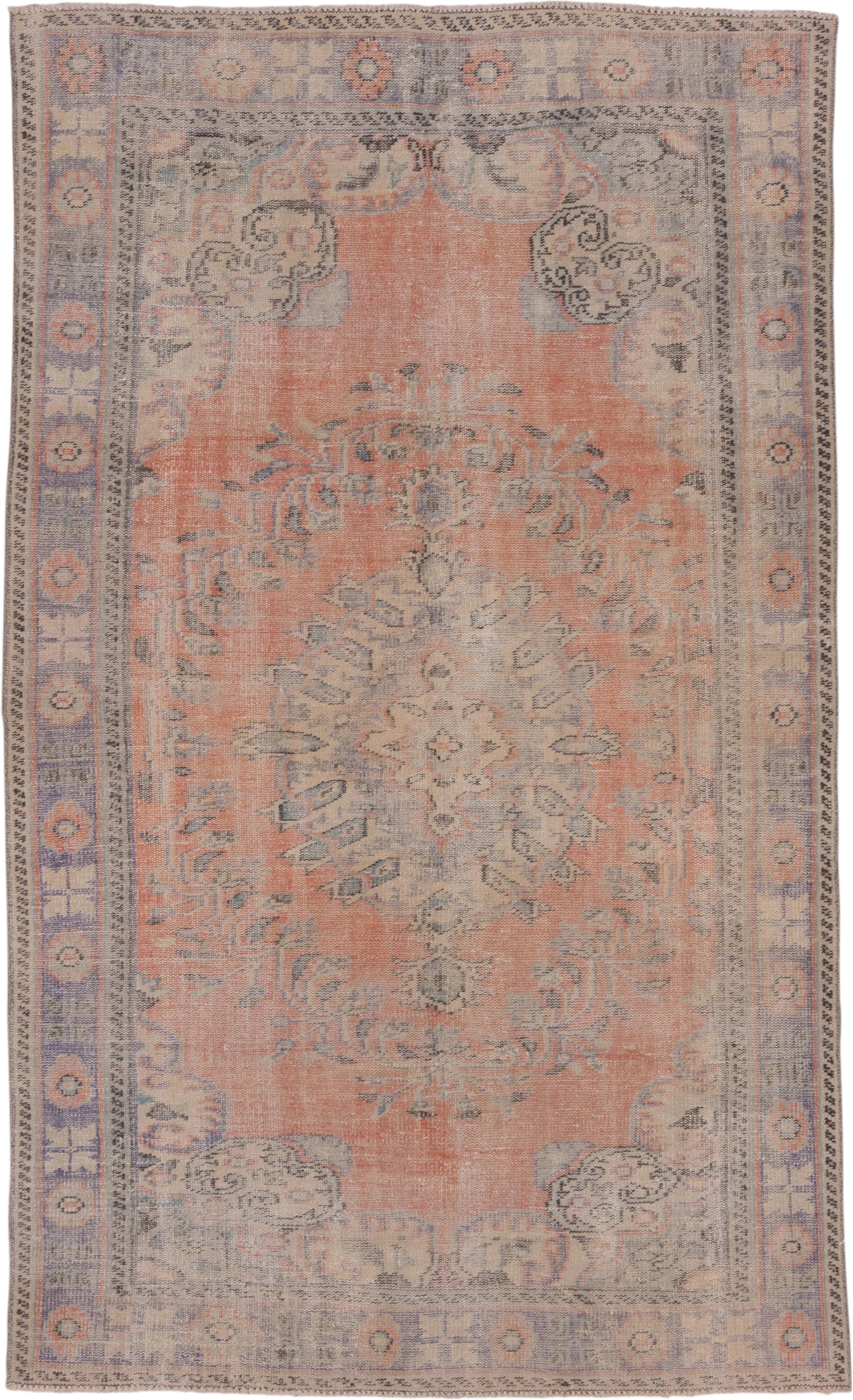 6' x 10' one-of-a-kind handmade vintage Sparta large size rug. Color palette: coral, lavender, ivory, taupe, slate, peach