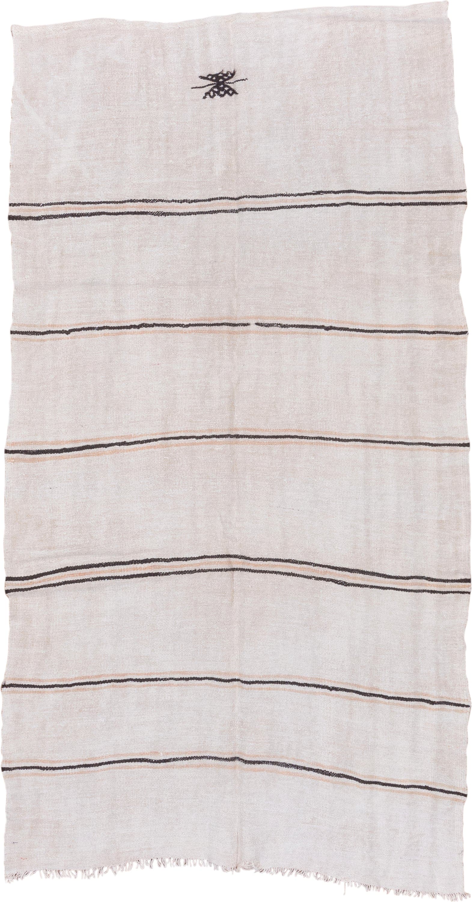 5' x 11' one-of-a-kind handmade vintage Hemp Kilim runner rug. Color palette: ivory, charcoal, taupe, cream, gray, black