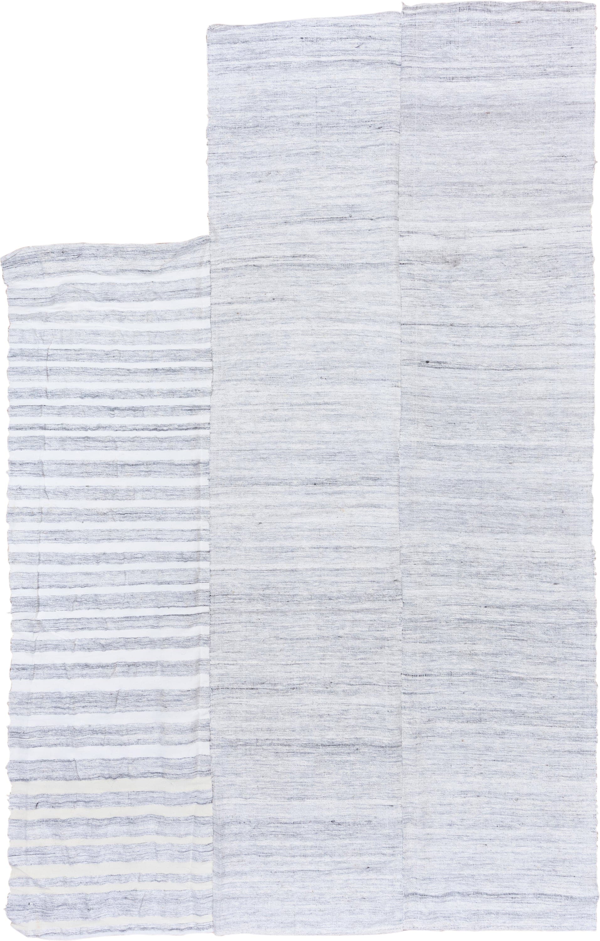 7' x 11' one-of-a-kind handmade vintage Hemp Kilim large size rug. Color palette: ivory, pale blue, light gray, light blue