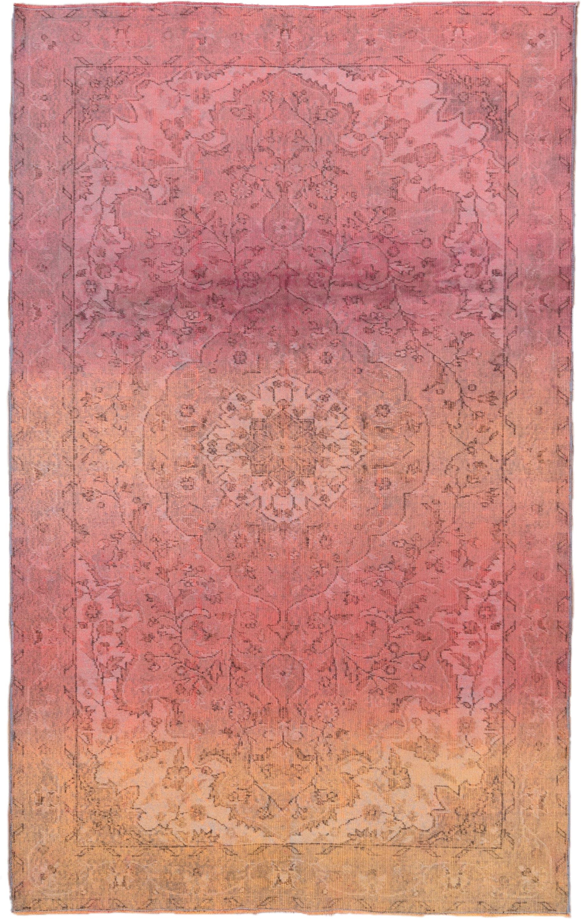5' x 9' one-of-a-kind handmade vintage Sparta medium size rug. Color palette: rose, blush, apricot, gold, terra cotta, taupe