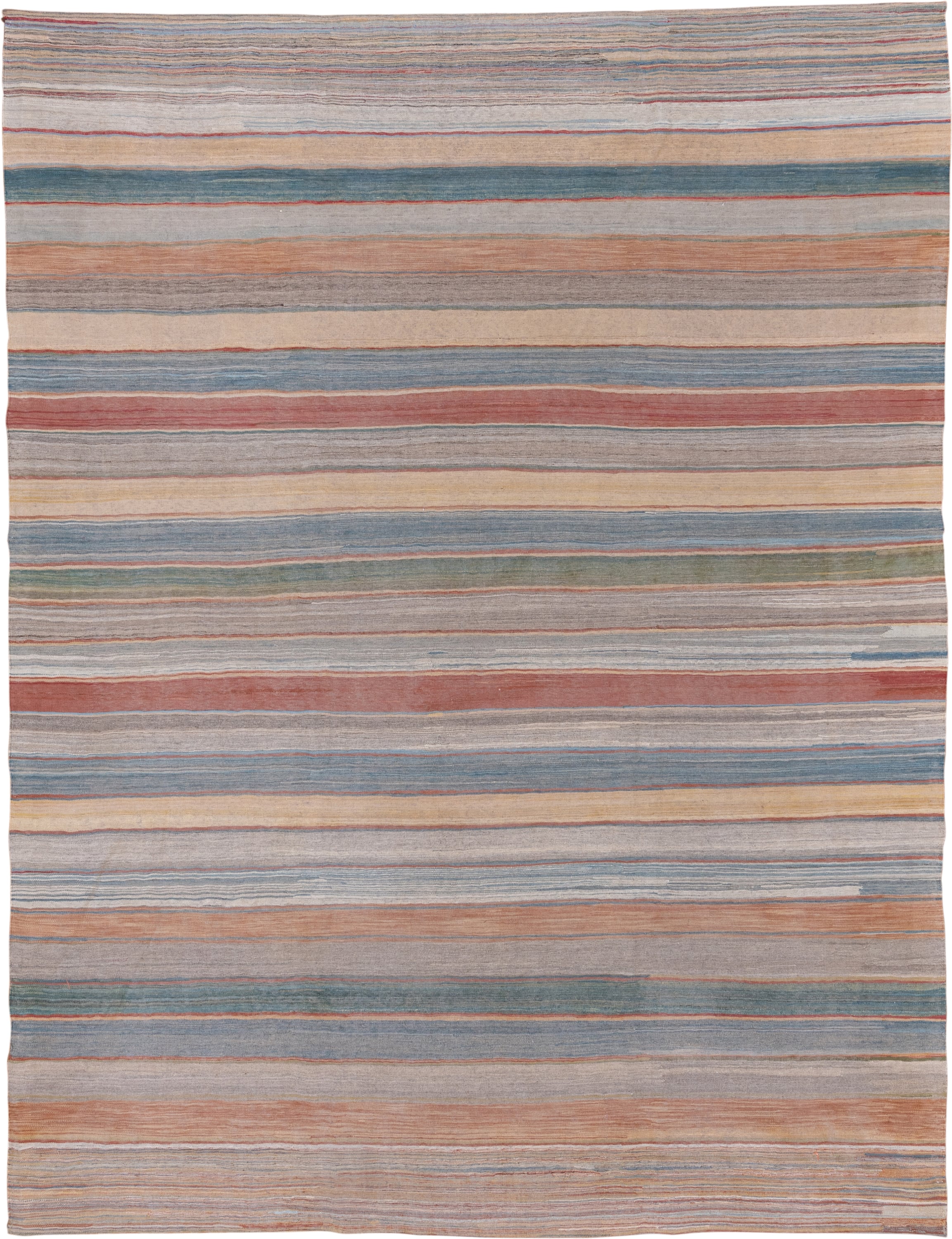8' x 11' one-of-a-kind handmade vintage Kilim large size rug. Color palette: ivory, muted blue, taupe, blush, sage, sand