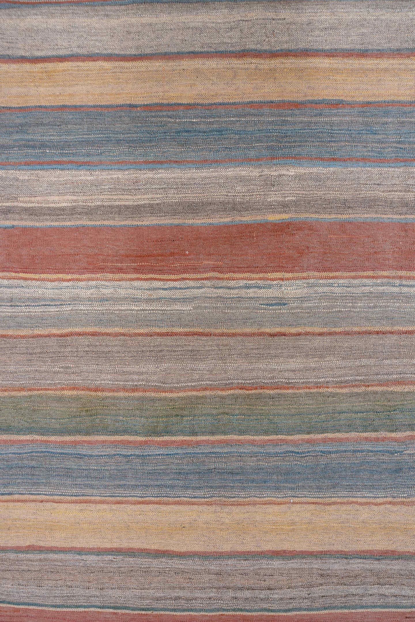 8' x 11' one-of-a-kind handmade vintage Kilim large size rug. Color palette: ivory, muted blue, taupe, blush, sage, sand