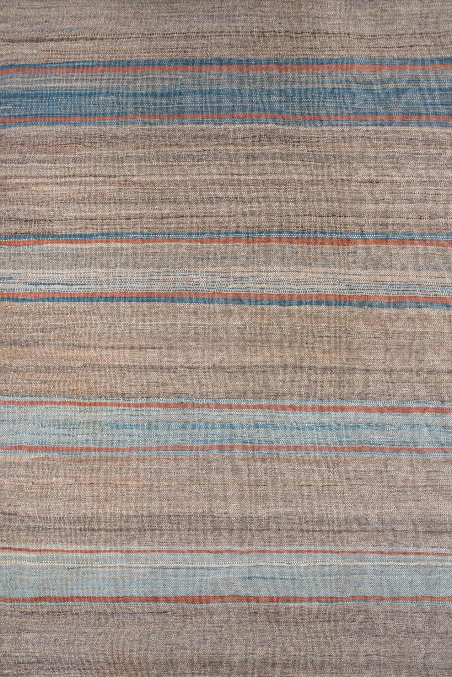 8' x 11' one-of-a-kind handmade vintage Kilim large size rug. Color palette: taupe, sky blue, slate, rust, ivory, beige