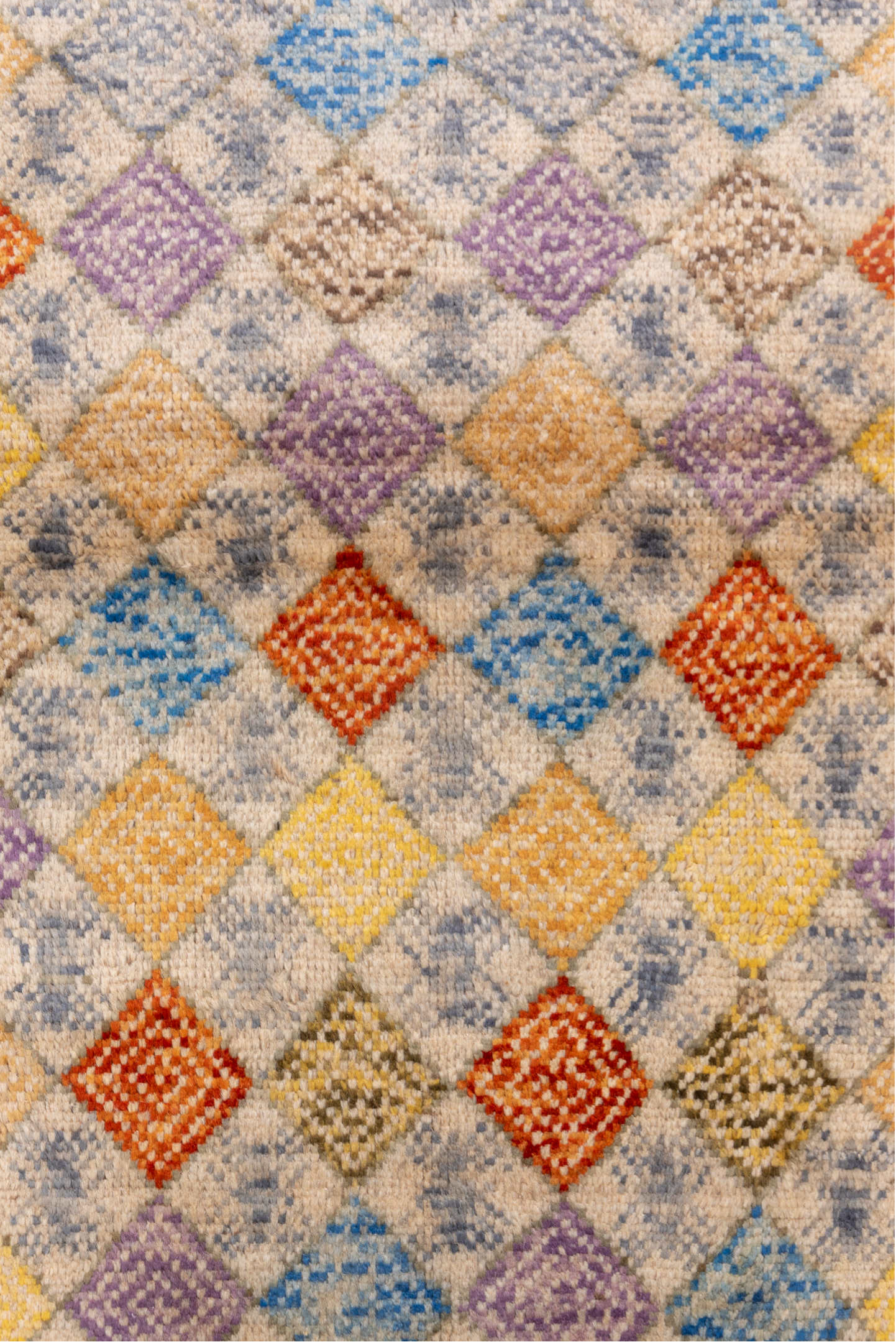 2' x 5' one-of-a-kind handmade vintage Gabbe small size rug. Color palette: ivory, gold, lavender, rust, sky blue, camel