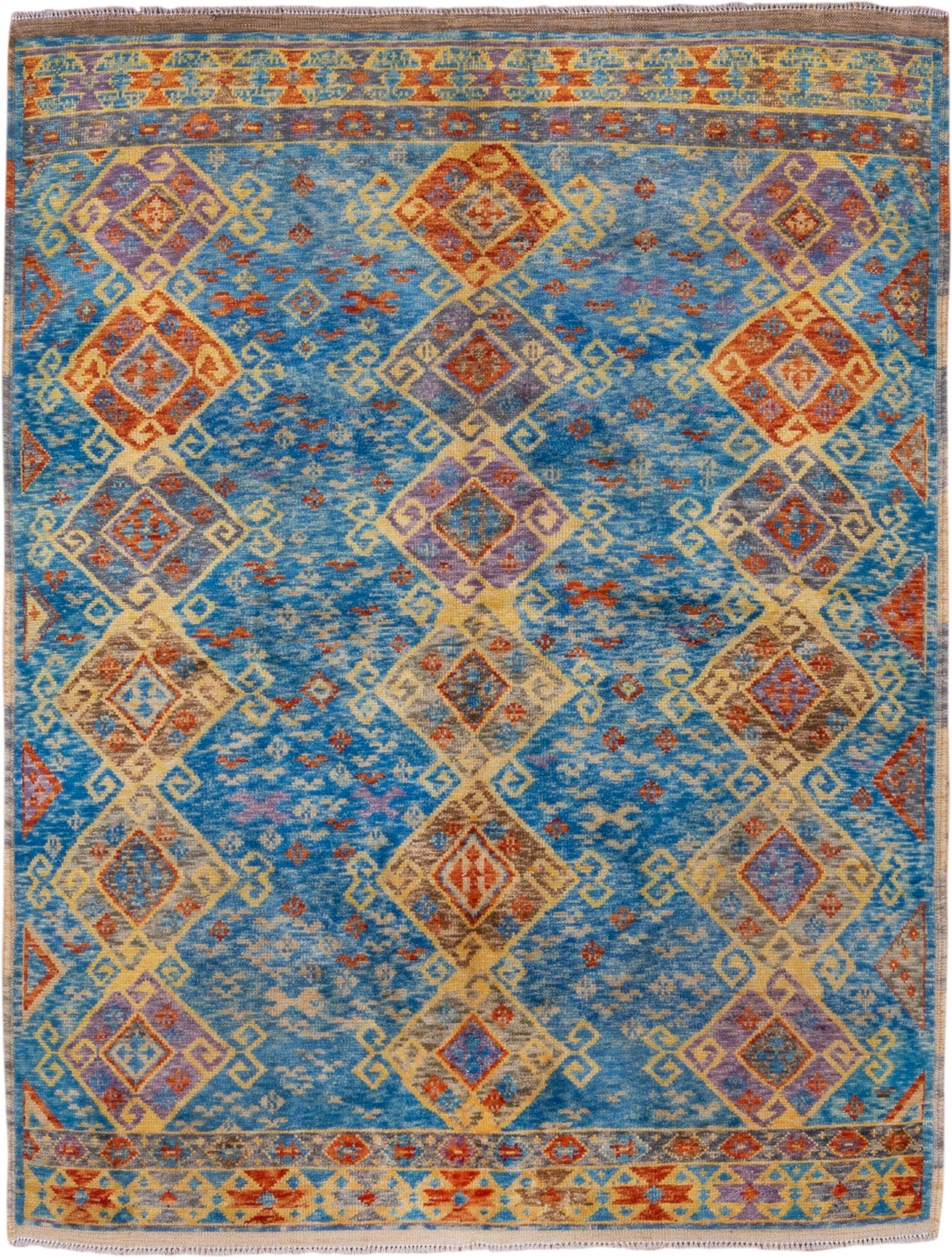 5' x 6' one-of-a-kind handmade vintage Gabbe rug. Color palette: sky blue, ivory, rust, gold, lavender, taupe, slate