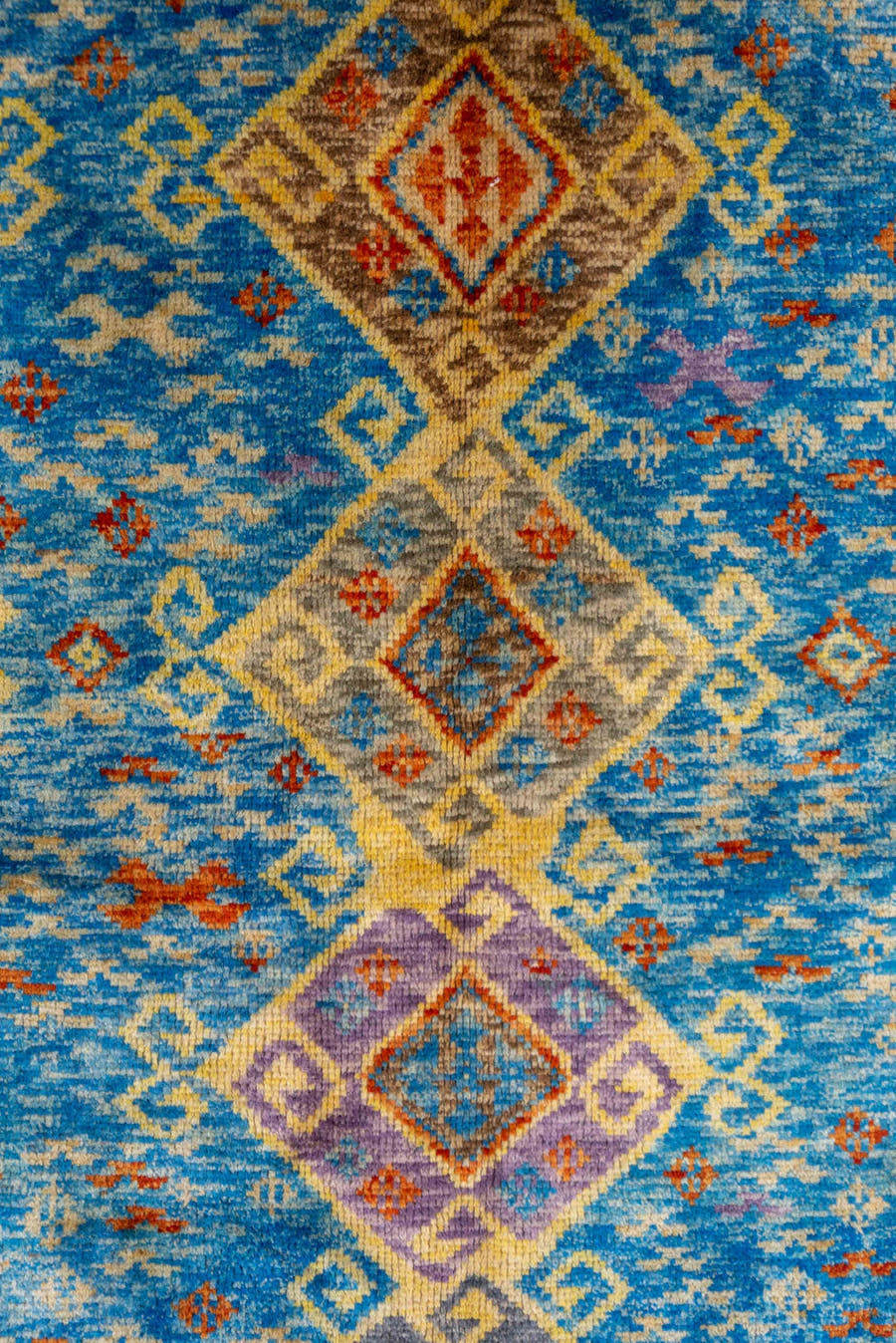 5' x 6' one-of-a-kind handmade vintage Gabbe rug. Color palette: sky blue, ivory, rust, gold, lavender, taupe, slate