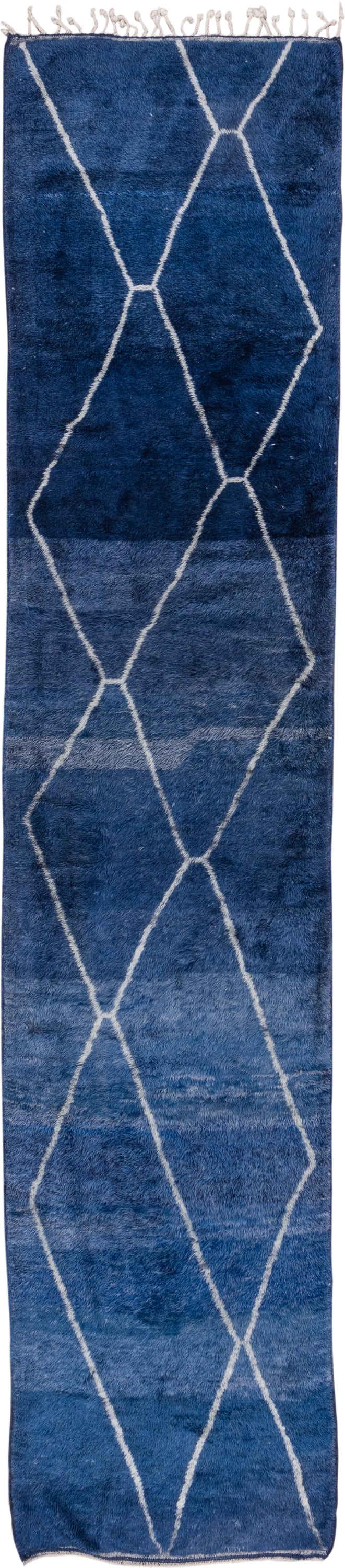 3' x 15' one-of-a-kind handmade vintage Moroccan runner rug. Color palette: navy, ivory, slate, blue, gray