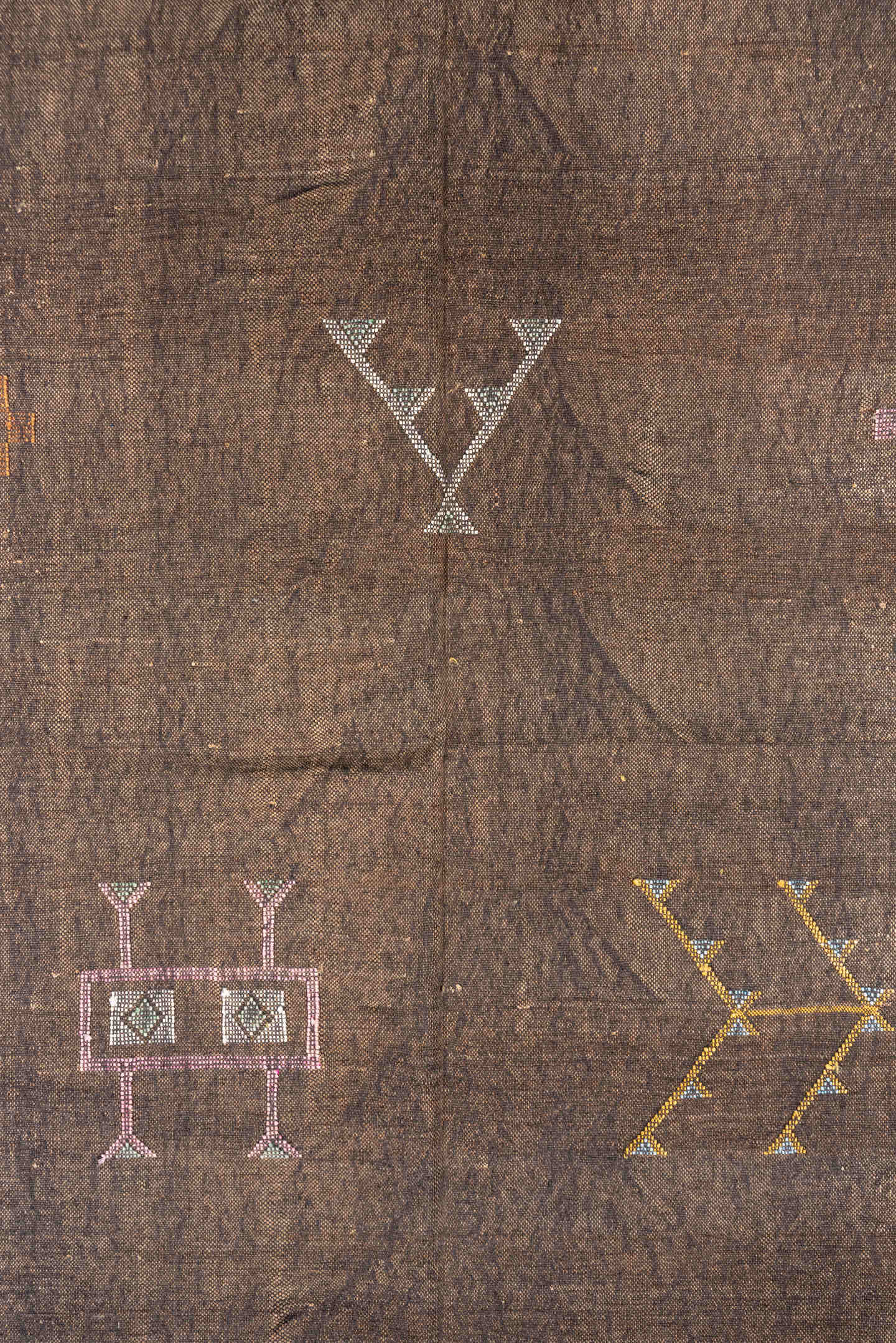5' x 8' one-of-a-kind handmade vintage Cactus Kilim medium size rug. Color palette: brown, taupe, ivory, blush, ochre, slate