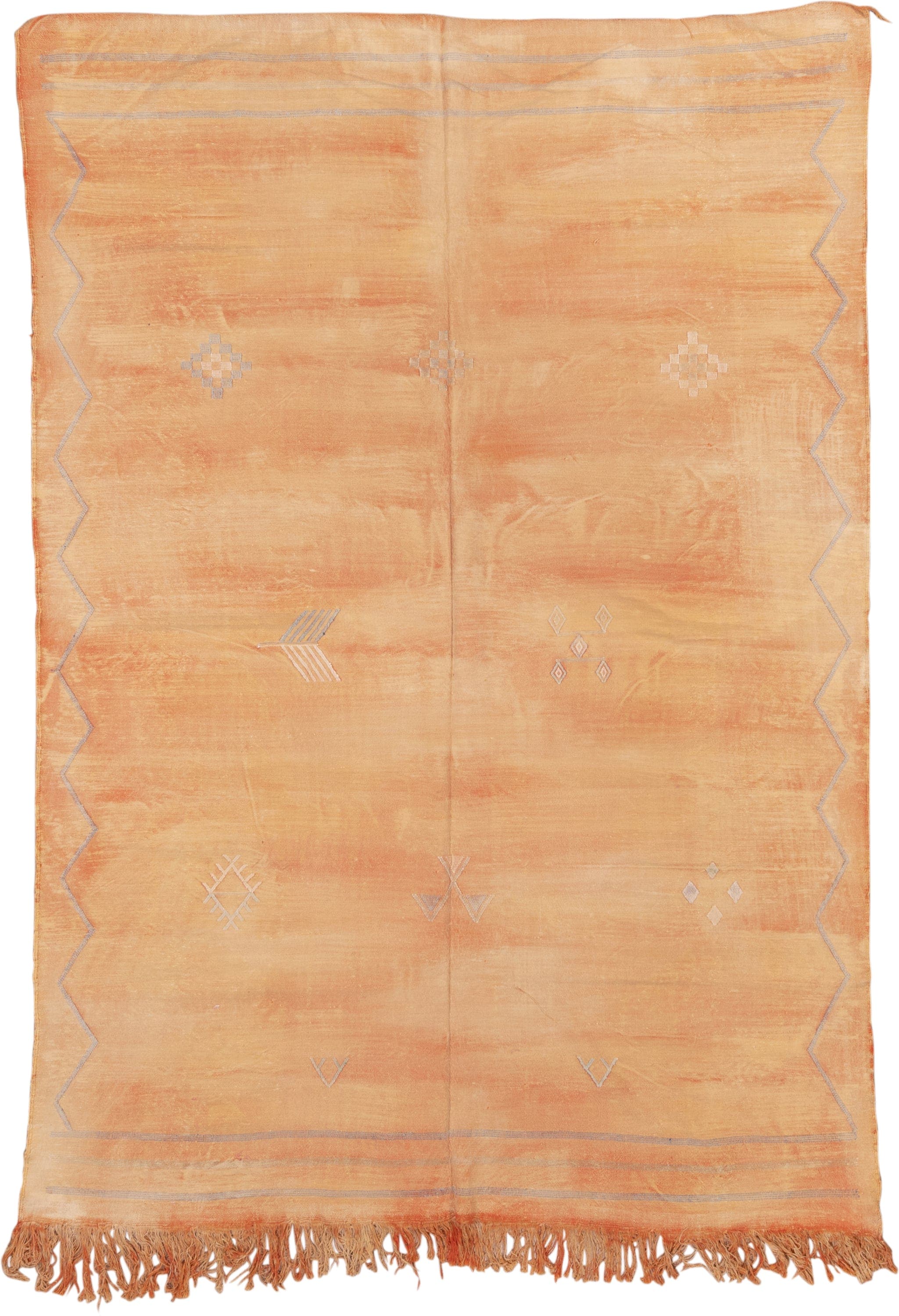 6' x 8' one-of-a-kind handmade vintage Cactus Kilim medium size rug. Color palette: peach, apricot, terra cotta, ivory