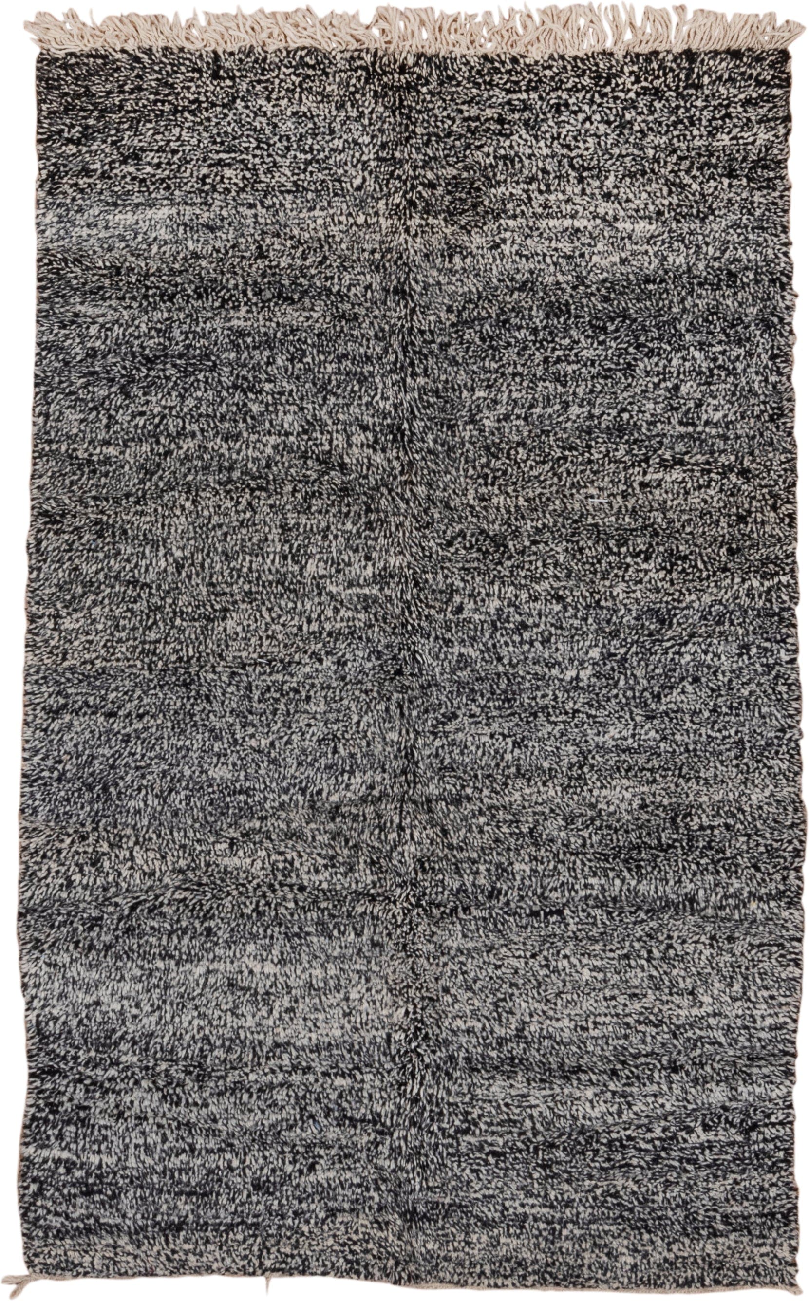 5' x 7' one-of-a-kind handmade vintage Moroccan rug. Color palette: charcoal, ivory, black, cream, gray