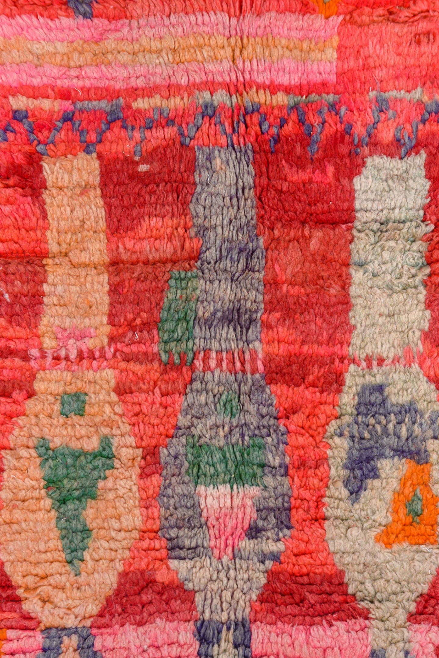 5' x 7' one-of-a-kind handmade vintage Moroccan rug. Color palette: coral, red, crimson, peach, pink, ivory, sage, lavender