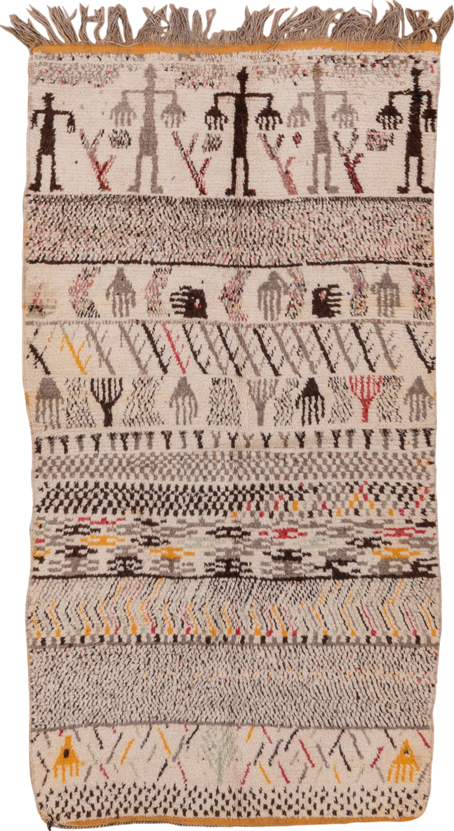 4' x 8' one-of-a-kind handmade vintage Moroccan rug. Color palette: brown, gray, light gray, off-white, orange, peru, pink