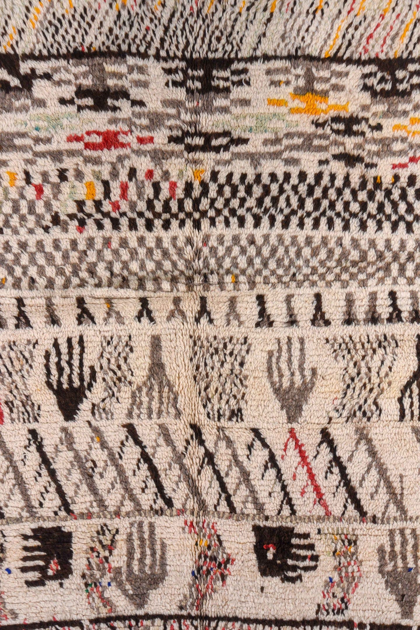 4' x 8' one-of-a-kind handmade vintage Moroccan rug. Color palette: ivory, taupe, charcoal, brown, saffron, rose, coral