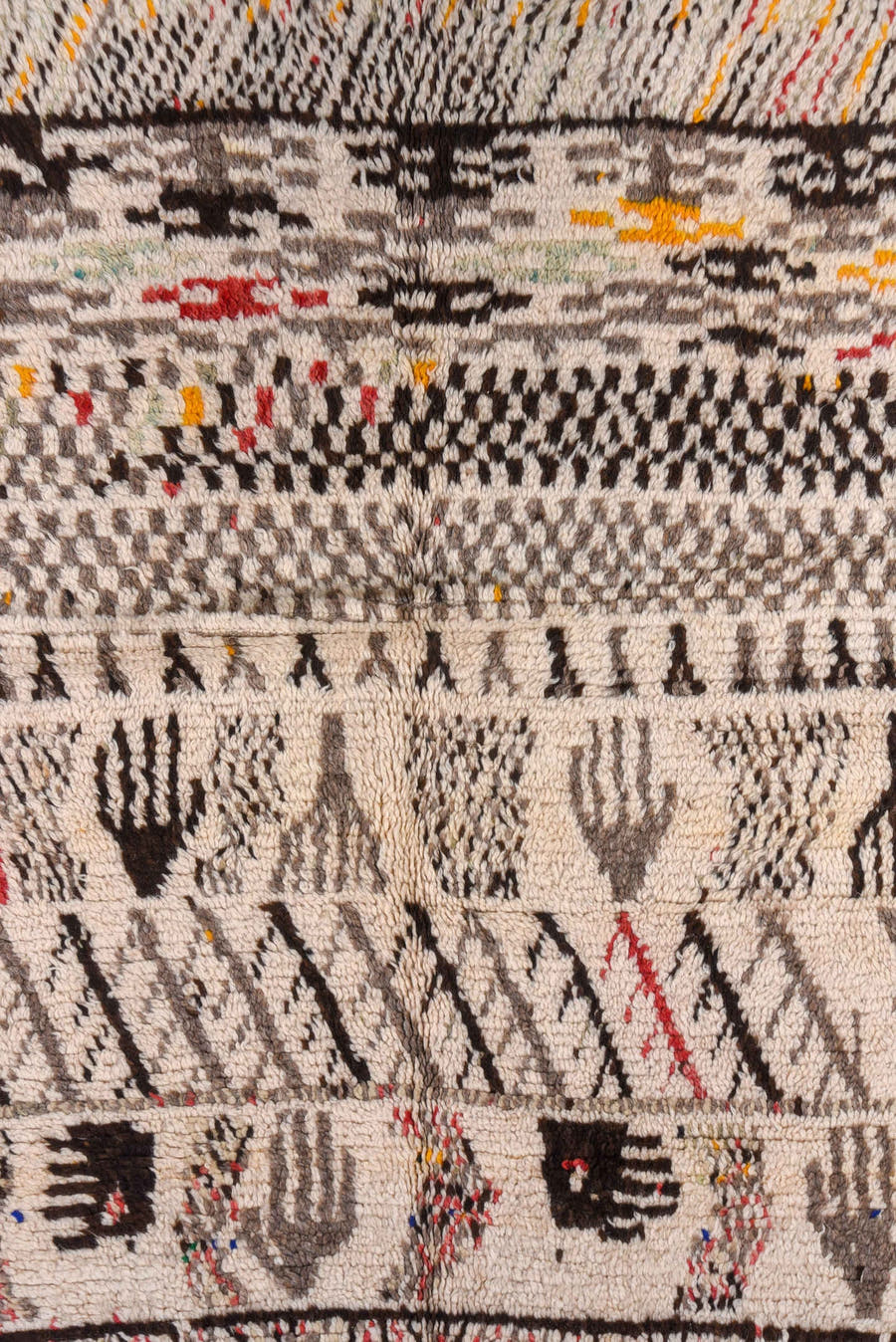 4' x 8' one-of-a-kind handmade vintage Moroccan rug. Color palette: ivory, taupe, charcoal, brown, saffron, rose, coral