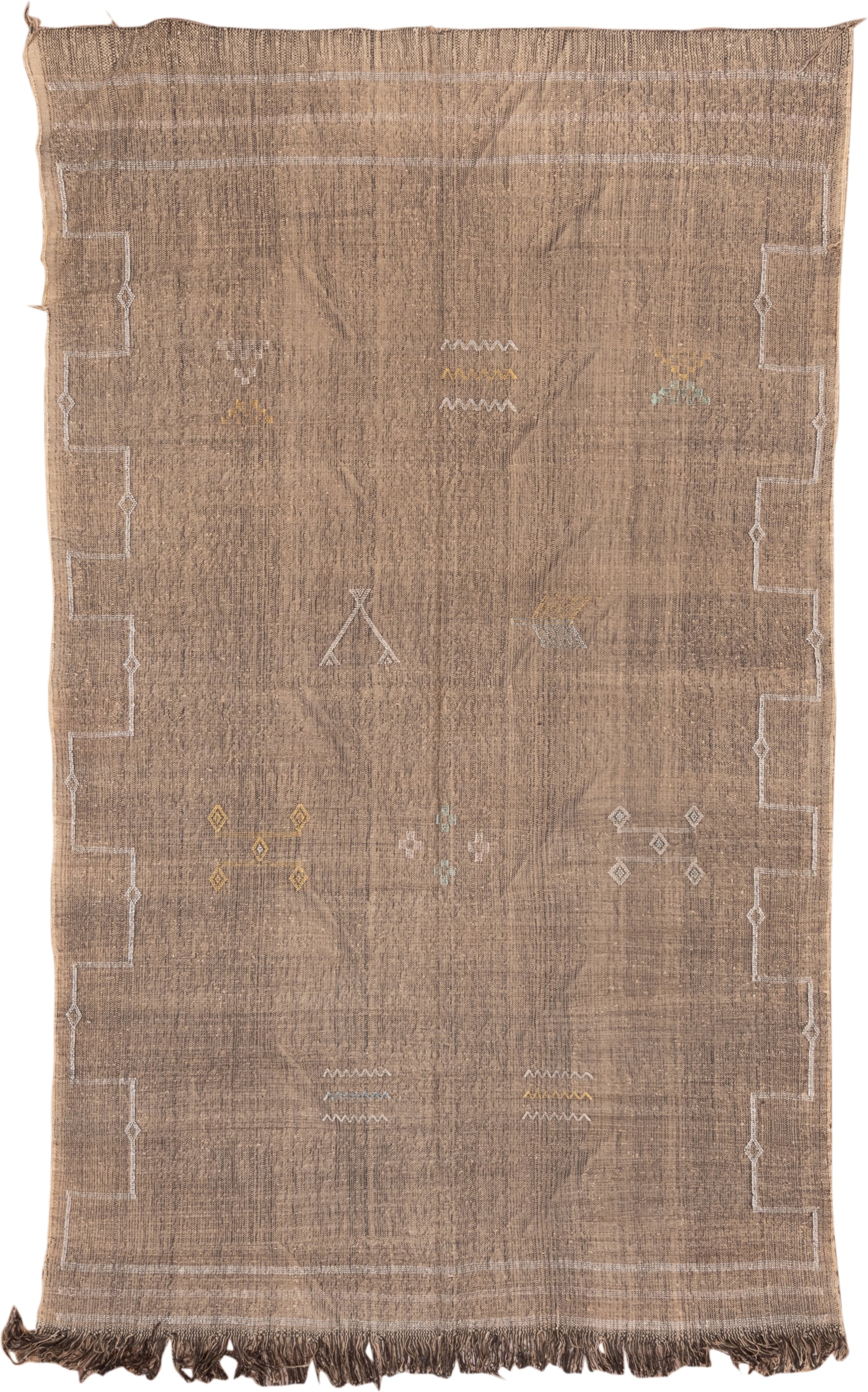 5' x 8' one-of-a-kind handmade vintage Cactus Kilim medium size rug. Color palette: taupe, brown, ivory, camel, gold, aqua