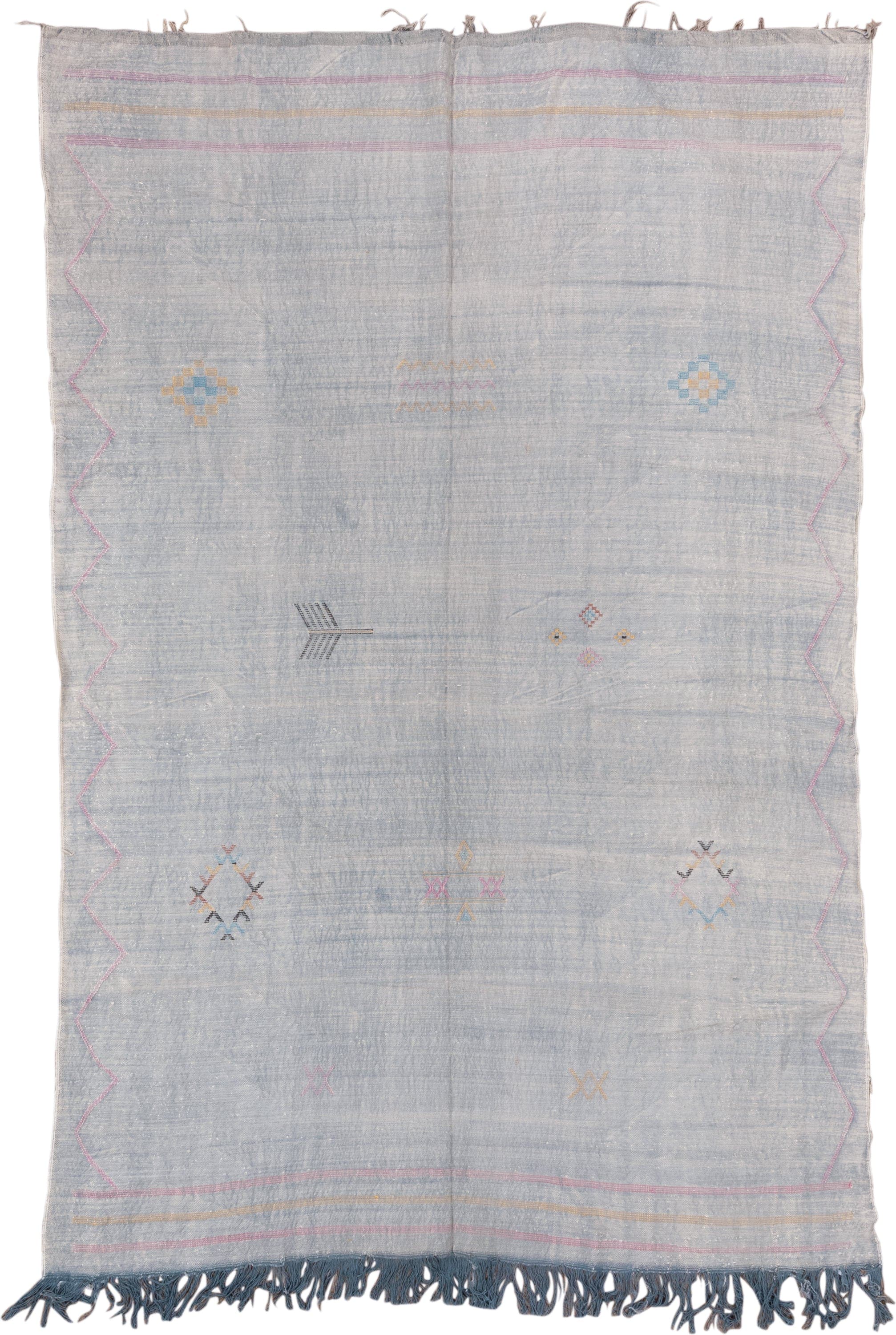 6' x 9' one-of-a-kind handmade vintage Cactus Kilim medium size rug. Color palette: pale blue, pink, ivory, gold, charcoal