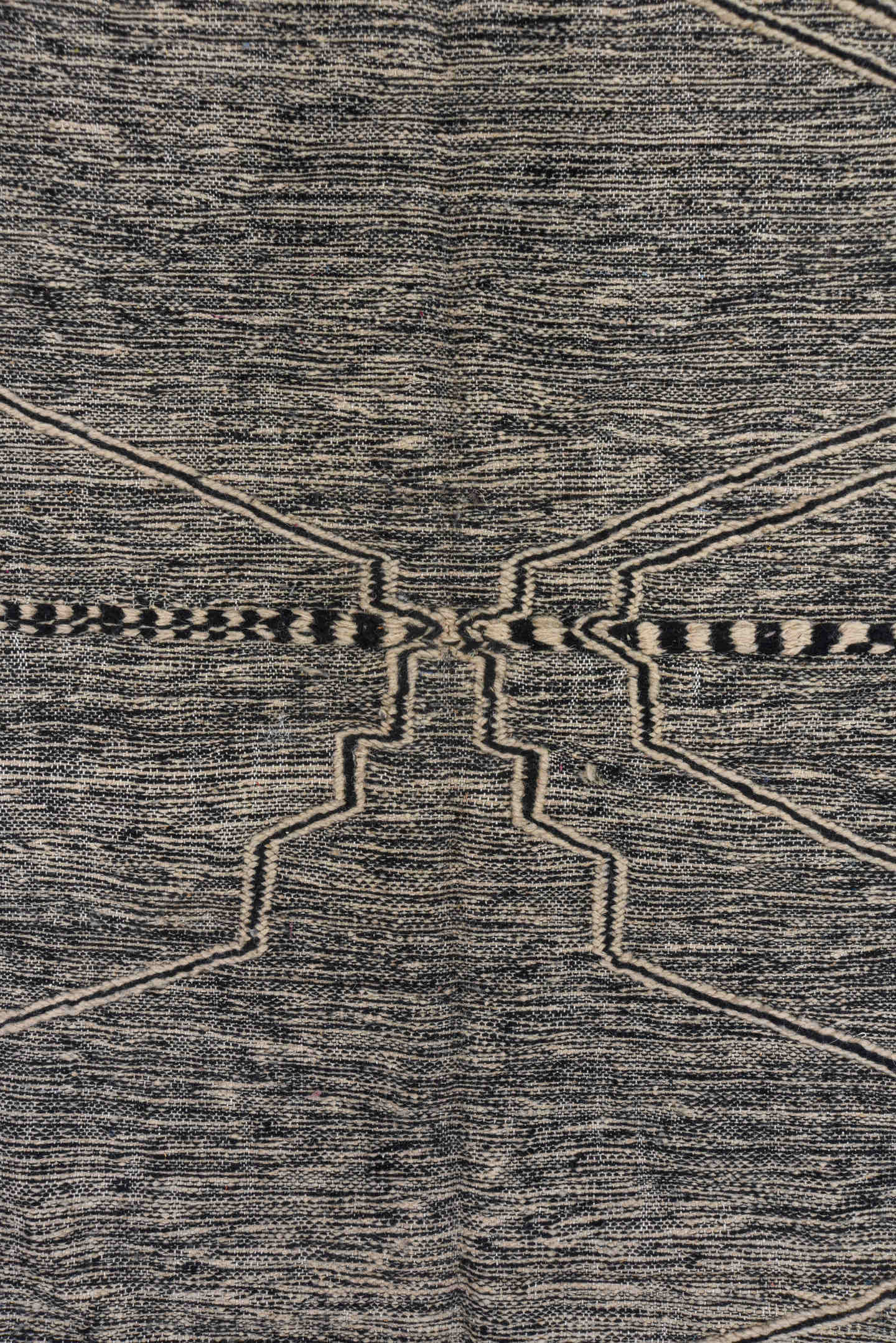 6' x 10' one-of-a-kind handmade vintage Kilim large size rug. Color palette: charcoal, ivory, taupe, gray, black, beige