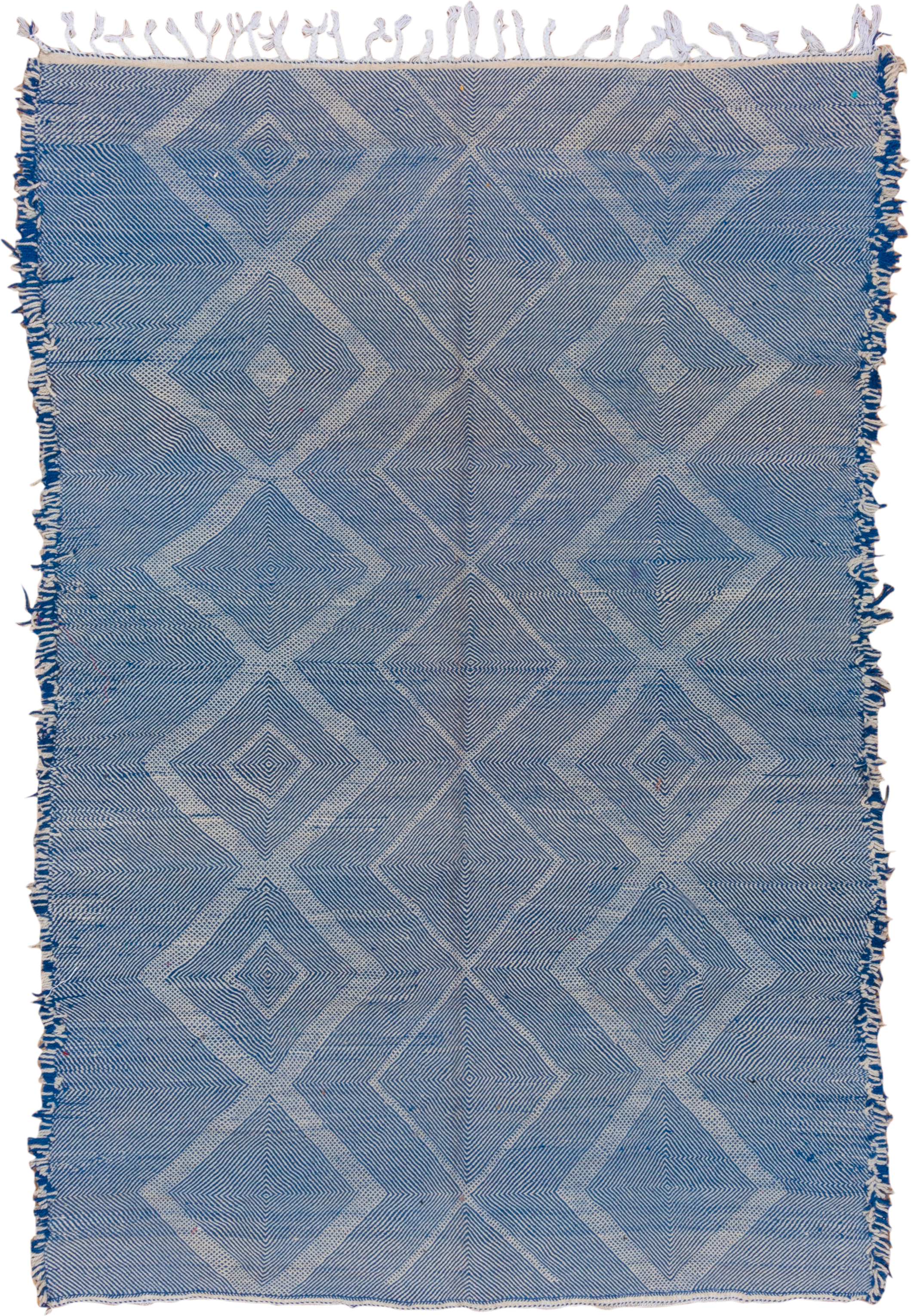 7' x 10' one-of-a-kind handmade vintage Kilim large size rug. Color palette: blue, ivory