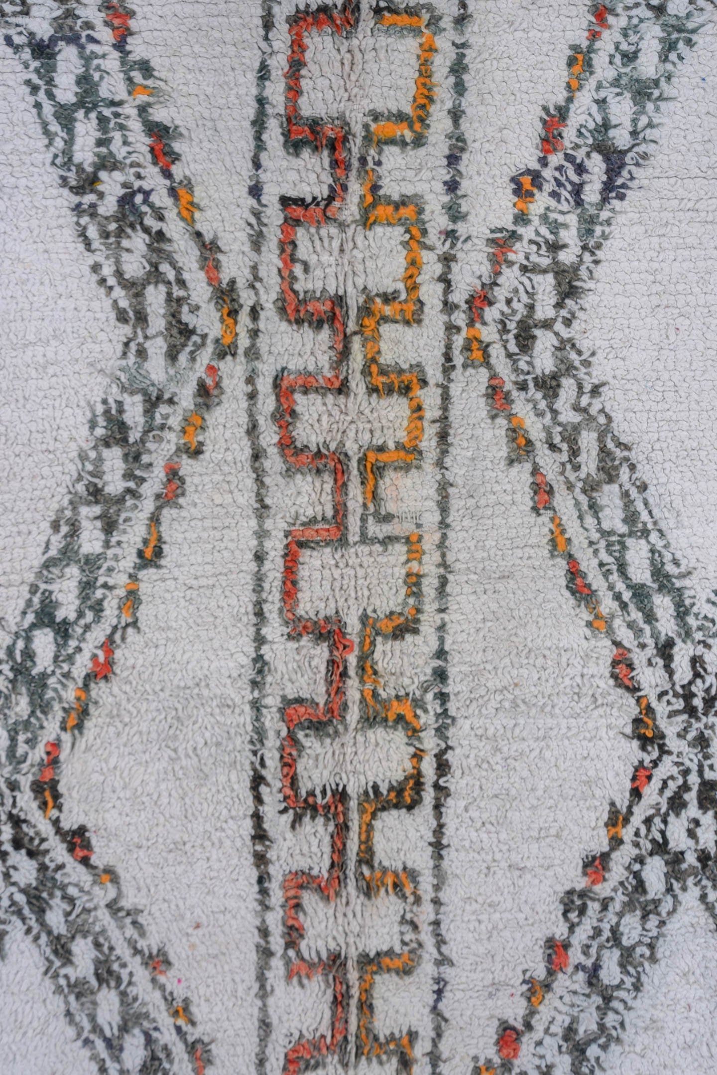 5' x 8' one-of-a-kind handmade vintage Moroccan medium size rug. Color palette: ivory, charcoal, rust, saffron, gray, black