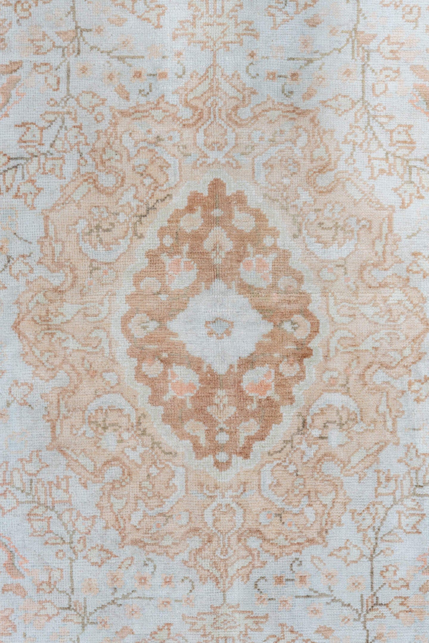 3' x 6' one-of-a-kind handmade antique Kaisary small size rug. Color palette: ivory, blush, peach, pale blue, taupe, beige