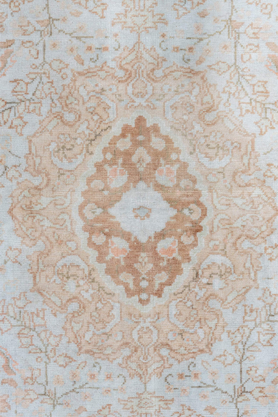 3' x 6' one-of-a-kind handmade antique Kaisary small size rug. Color palette: ivory, blush, peach, pale blue, taupe, beige