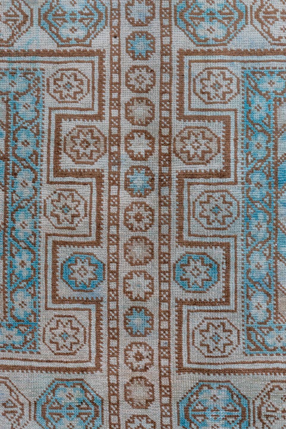 6' x 9' one-of-a-kind handmade vintage Turkish medium size rug. Color palette: ivory, brown, sky_blue, taupe, camel