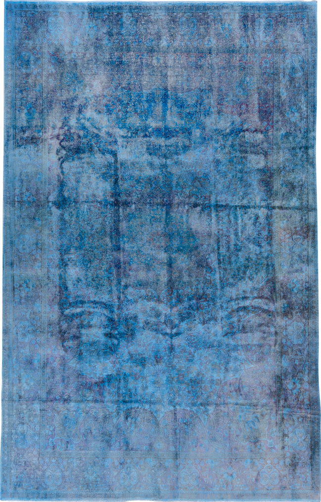 5' x 9' one-of-a-kind handmade vintage Overdyed medium size rug. Color palette: blue, gray, light blue, light steel blue