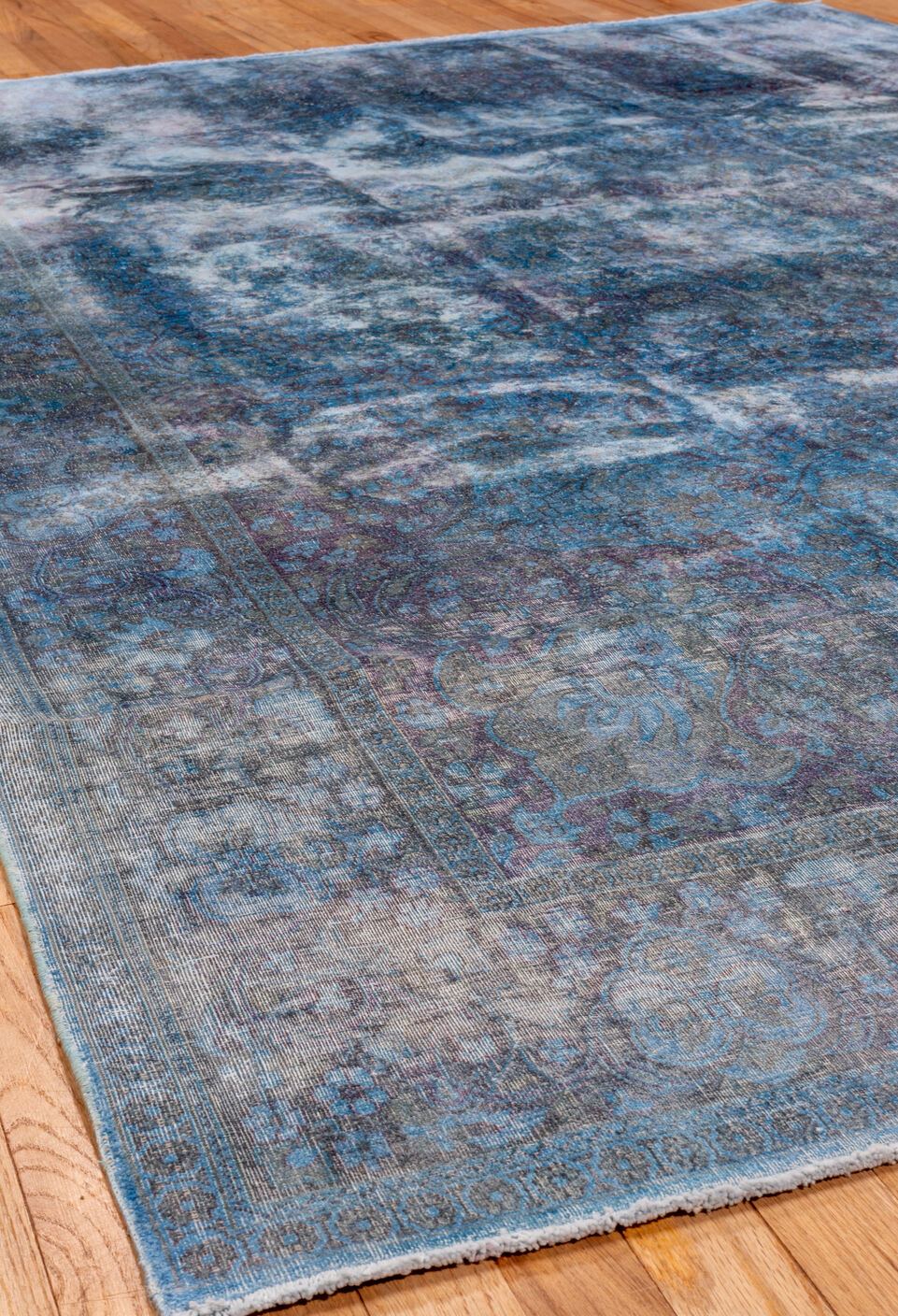 5' x 9' one-of-a-kind handmade vintage Overdyed medium size rug. Color palette: blue, gray, light blue, light steel blue