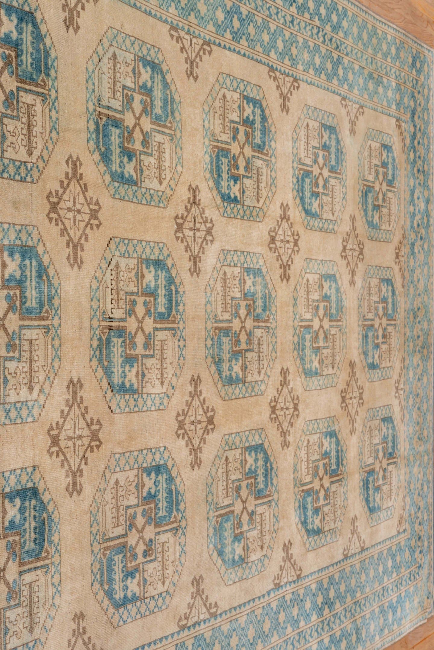 7' x 10' one-of-a-kind handmade antique Afghan large size rug. Color palette: ivory, aqua, beige, taupe, camel, teal, gray