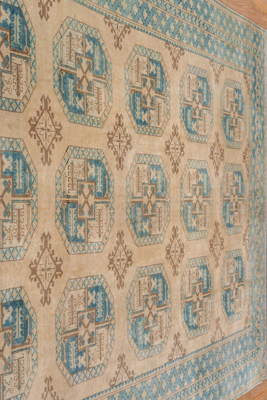 7' x 10' one-of-a-kind handmade antique Afghan large size rug. Color palette: ivory, aqua, beige, taupe, camel, teal, gray
