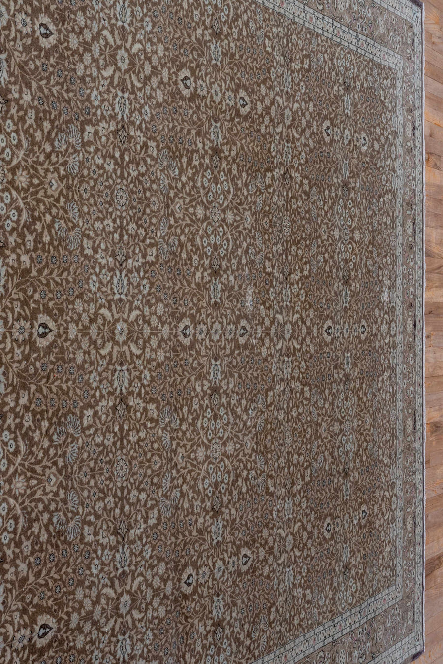8' x 11' one-of-a-kind handmade antique Sivas large size rug. Color palette: taupe, ivory, brown, camel, beige, rose