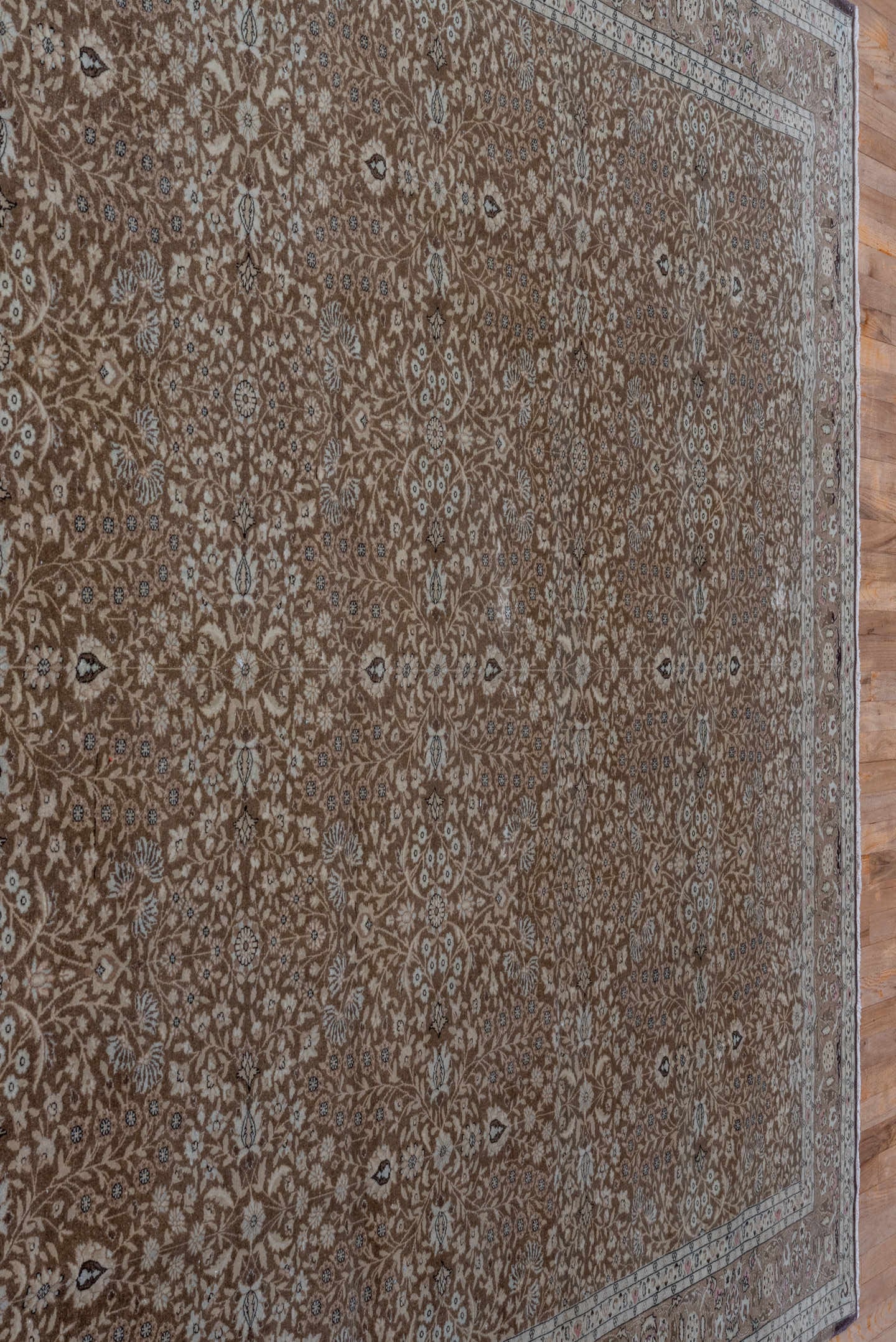 8' x 11' one-of-a-kind handmade antique Sivas large size rug. Color palette: taupe, ivory, brown, camel, beige, rose