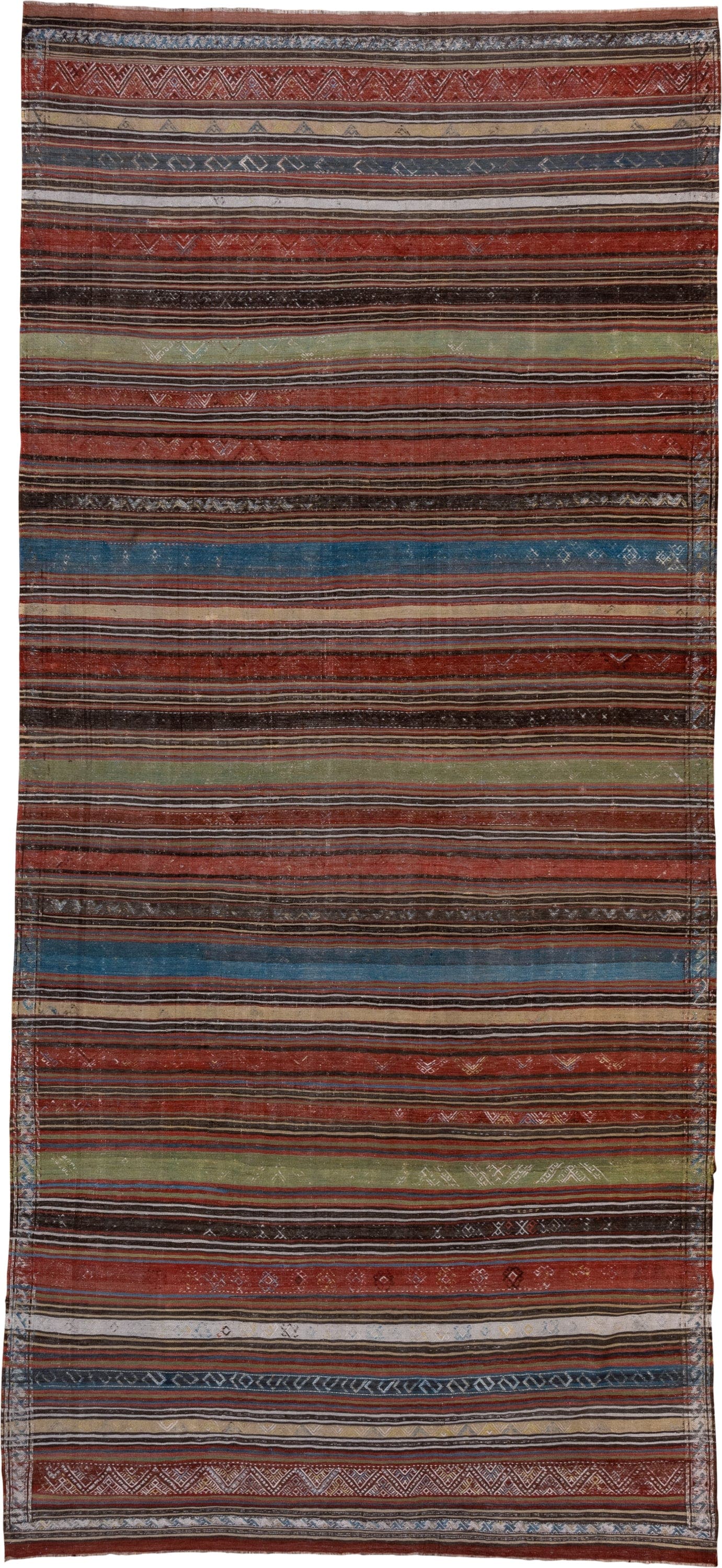 6' x 14' one-of-a-kind handmade antique Kilim large size rug. Color palette: rust, brown, indigo, ivory, sage, charcoal