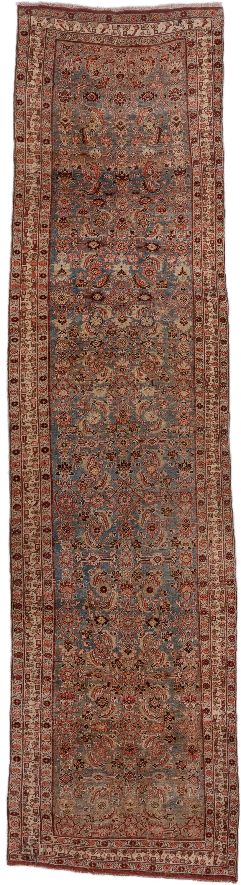 3' x 14' one-of-a-kind handmade antique Bidjar runner rug. Color palette: blue, ivory, rust, brown, terracotta, charcoal