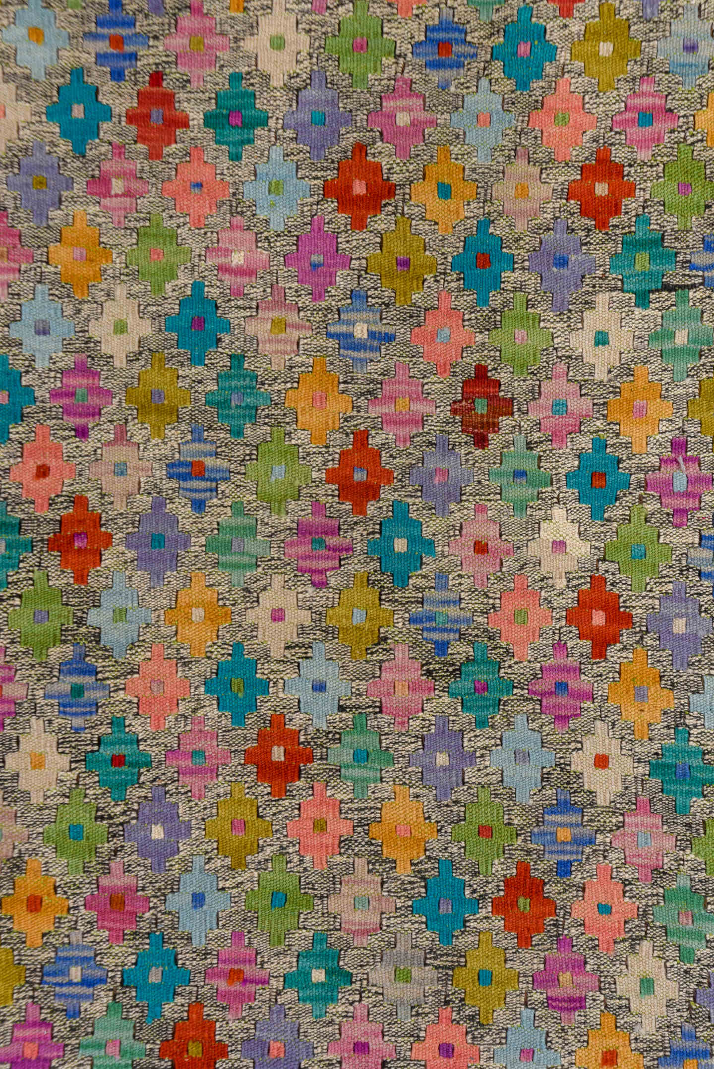 6' x 7' one-of-a-kind handmade vintage Kilim rug. Color palette: taupe, turquoise, lavender, coral, sage, red, sky_blue