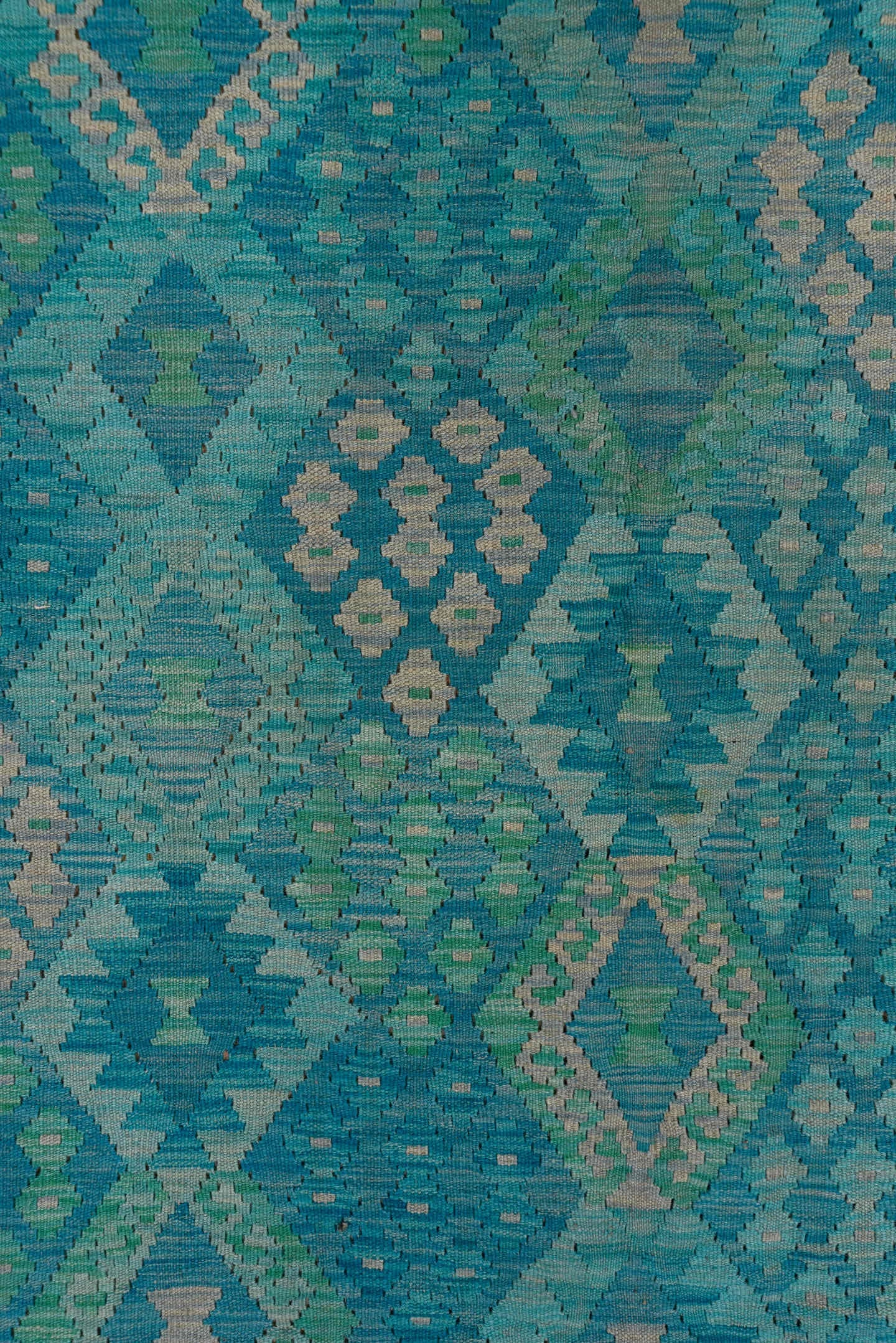 8' x 11' one-of-a-kind handmade vintage Kilim large size rug. Color palette: turquoise, aqua, seafoam, ivory, teal, green
